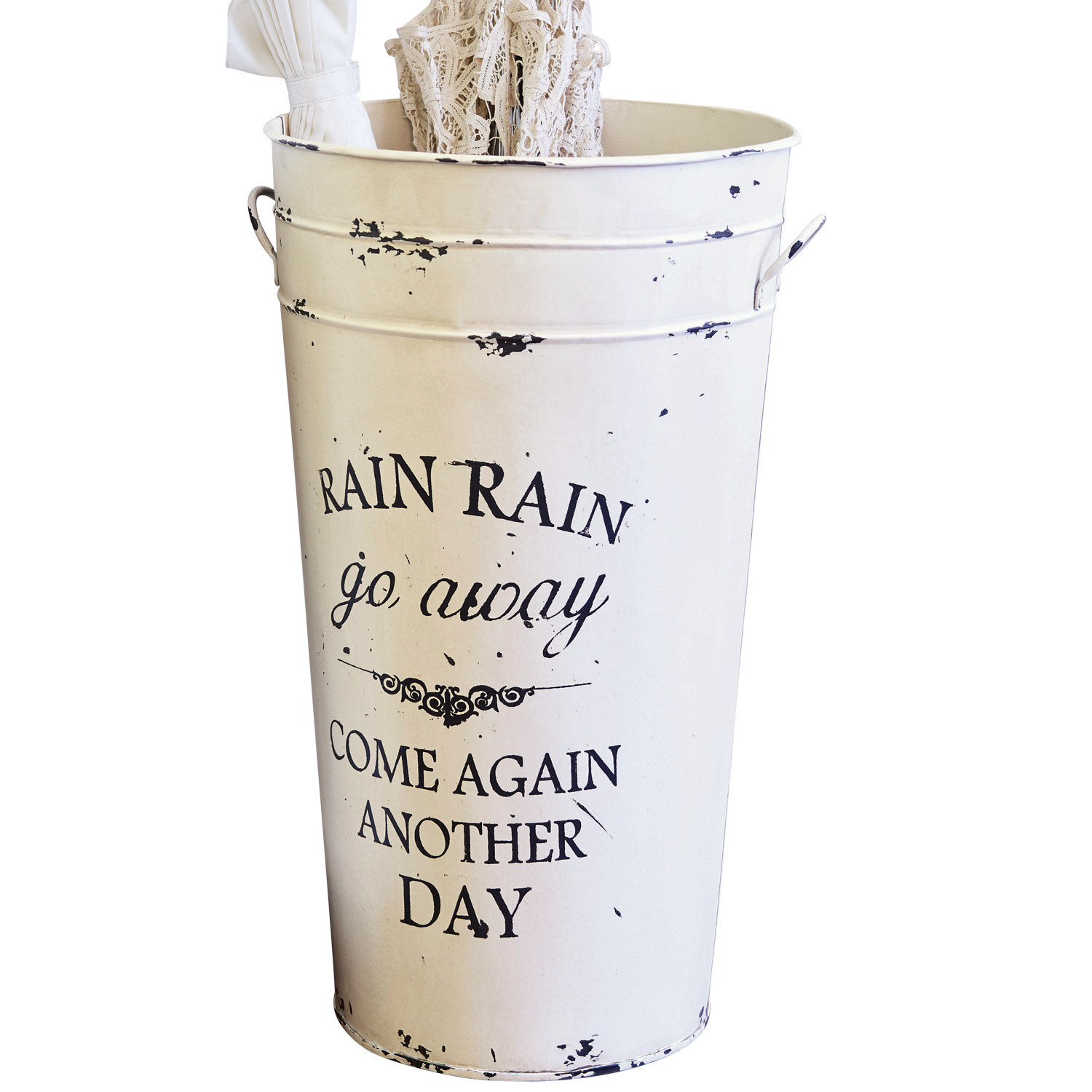 Paraplubak Rain Witte metalen parapluhouder met tekst „Rain Rain go away“ en verouderde look