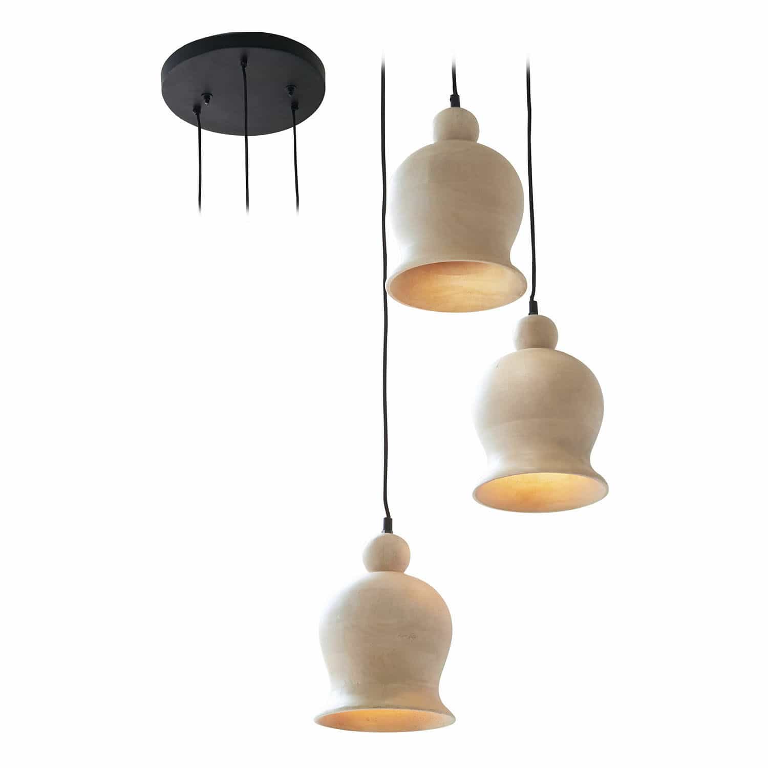 Hanglamp Ziravet Drie hanglampen van beige keramiek met zwarte snoeren en ronde zwarte plafondplaat