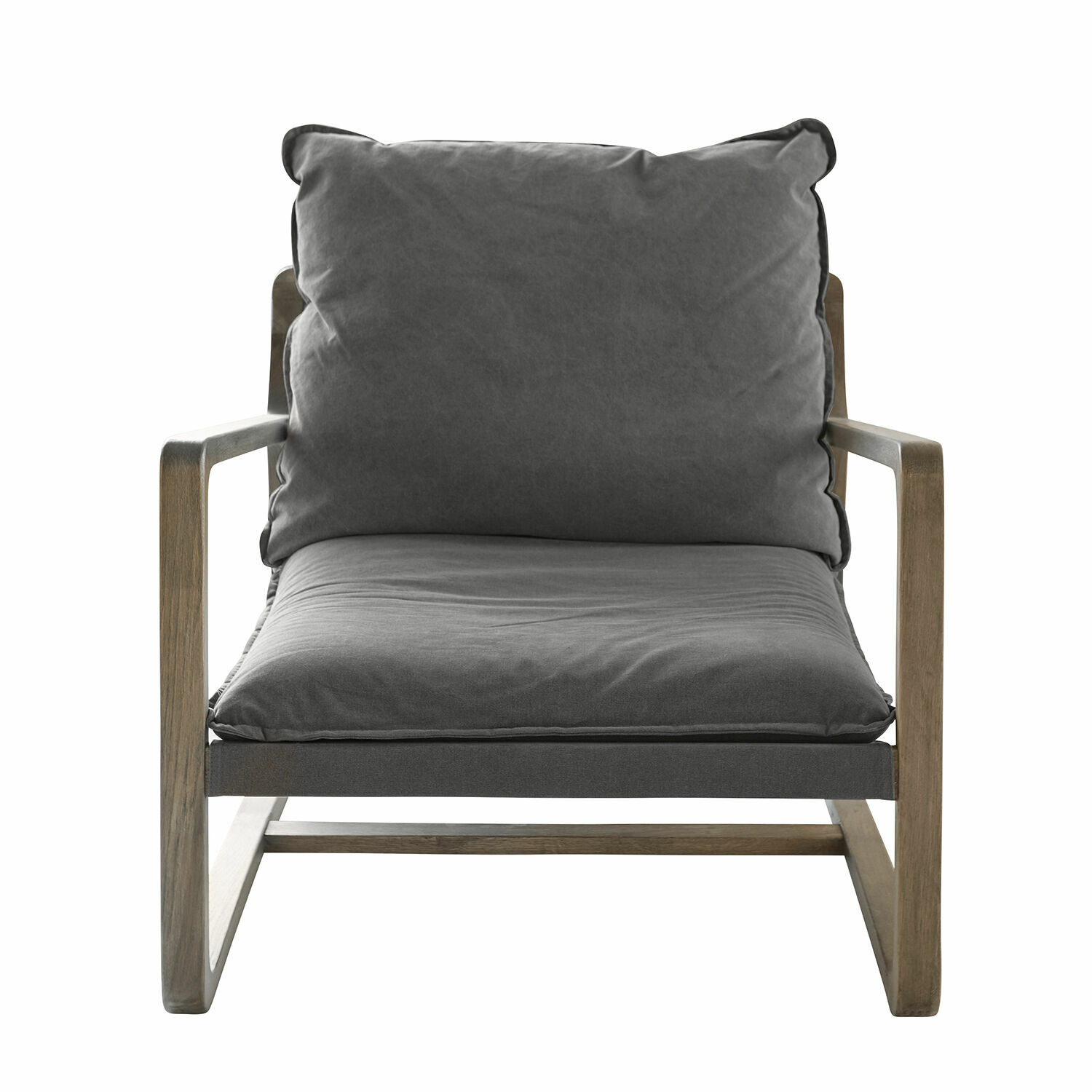 grijs/bruin Fauteuil Jowna met grijze stof en bruin houten frame, moderne woonkamerstoel