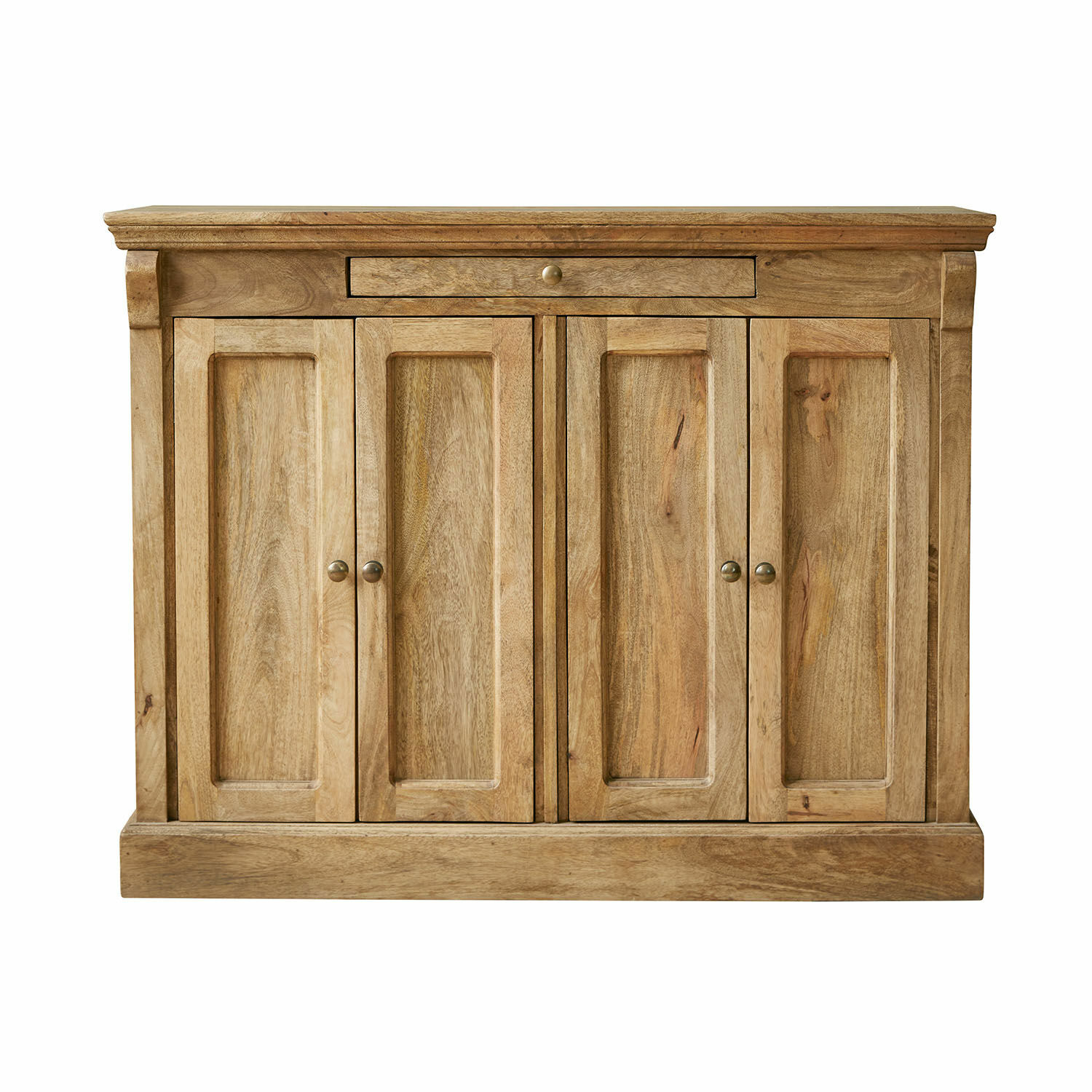 Kastje Winthorpe Dressoir van mangohout in natuurlijke kleur met vier deuren en een lade voor opbergruimte