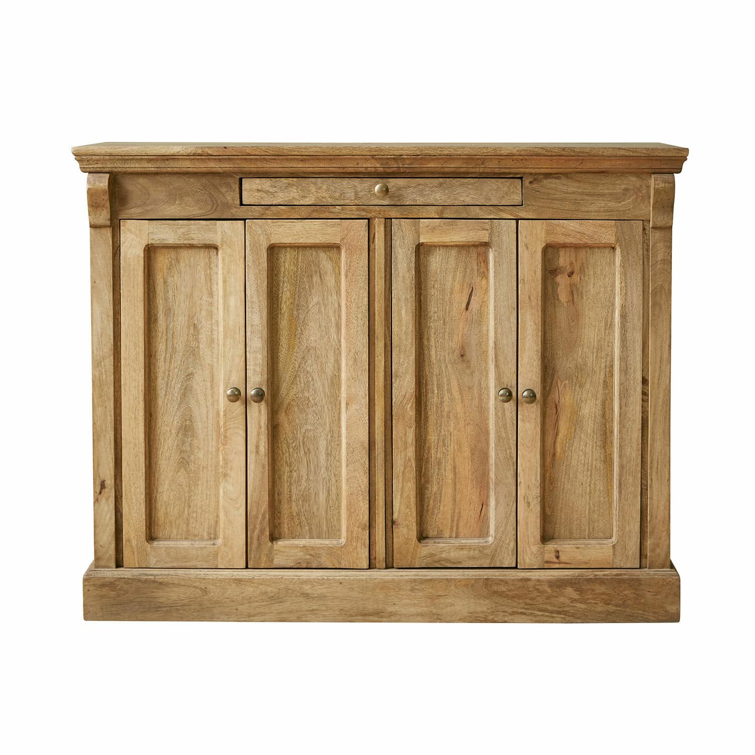 Kastje Winthorpe Dressoir van mangohout in natuurlijke kleur met vier deuren en een lade voor opbergruimte