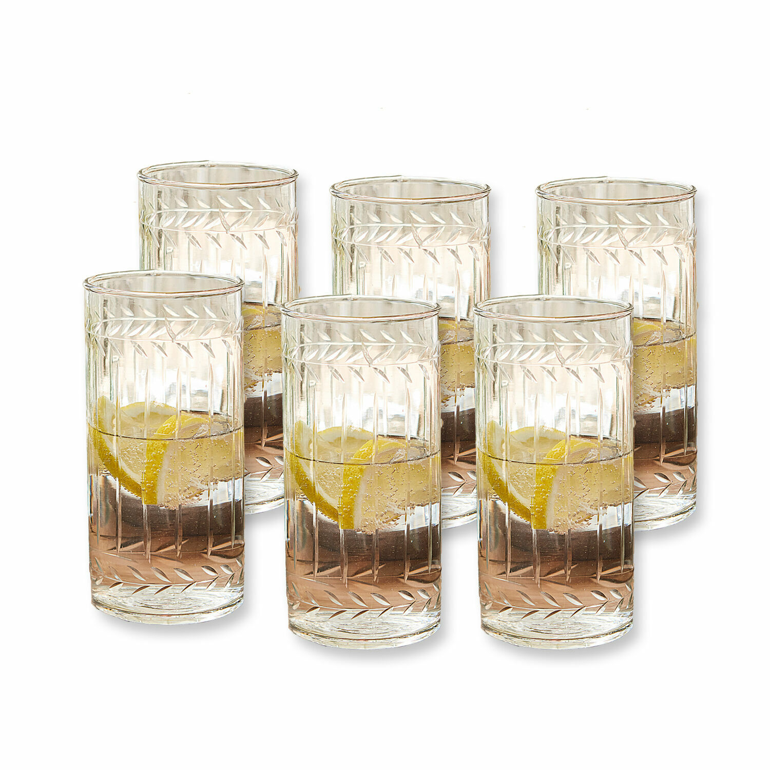 Glas set van 6 Padiès Set van zes transparante glazen met gegraveerd patroon en schijfje citroen