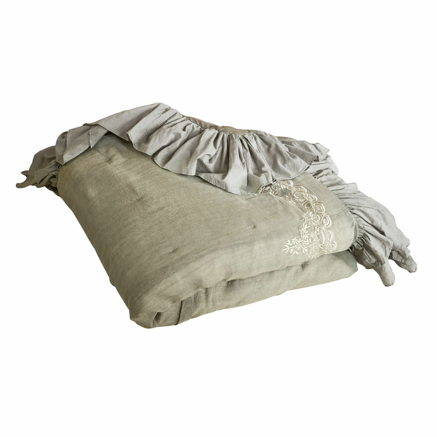 Quilt Therese Beige linnen beddengoed met volant en borduurwerk, decoratieve natuurlijke stof voor slaapkamer