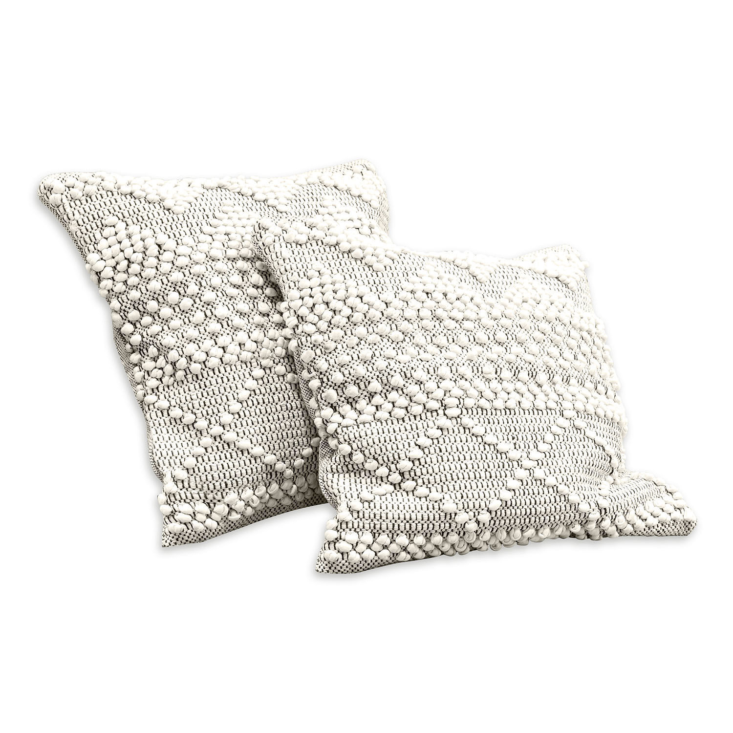 Twee witte decoratieve kussens van katoen met textuurpatroon en pompons voor woonkamer