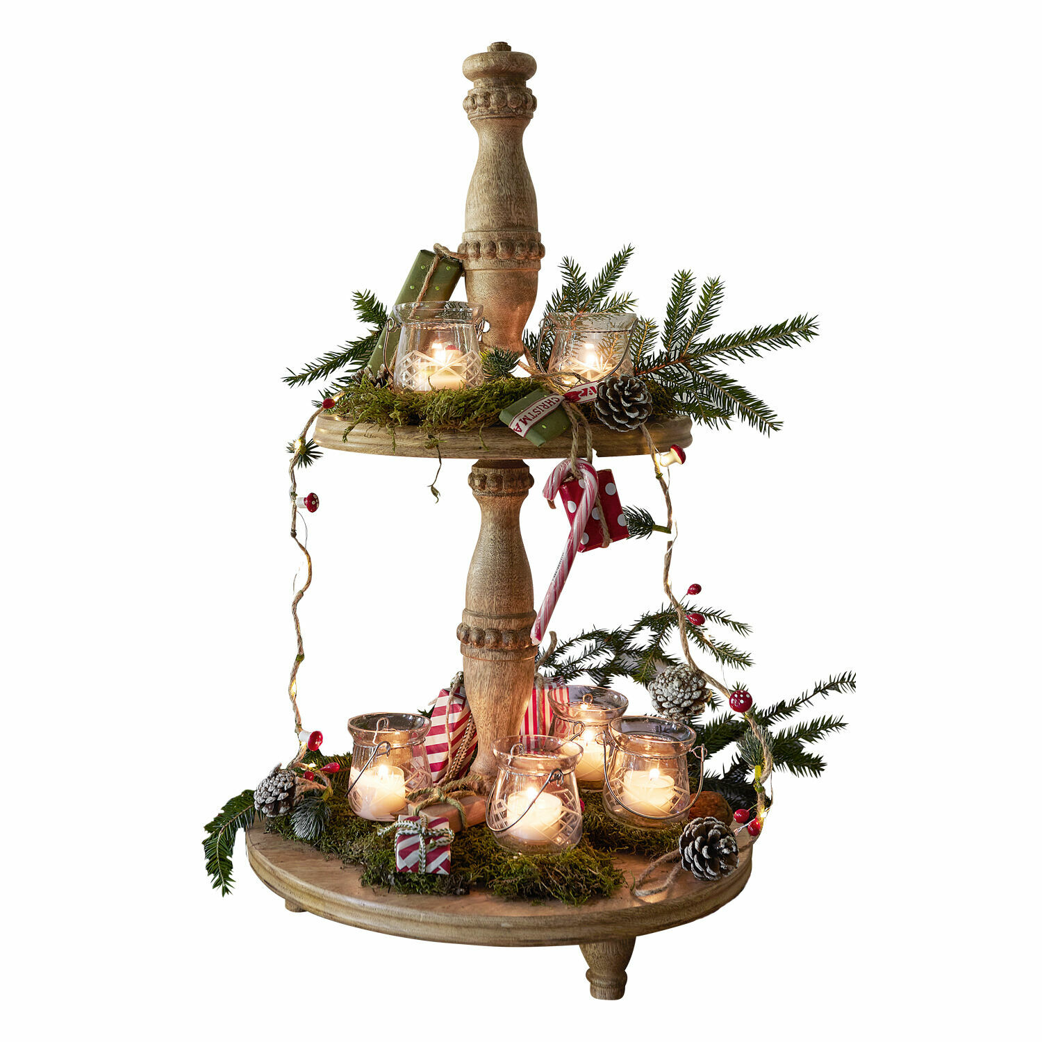 Etagère Ingham Houten kerstdecoratie met twee niveaus, lantaarns, groene takken en feestelijke verlichting