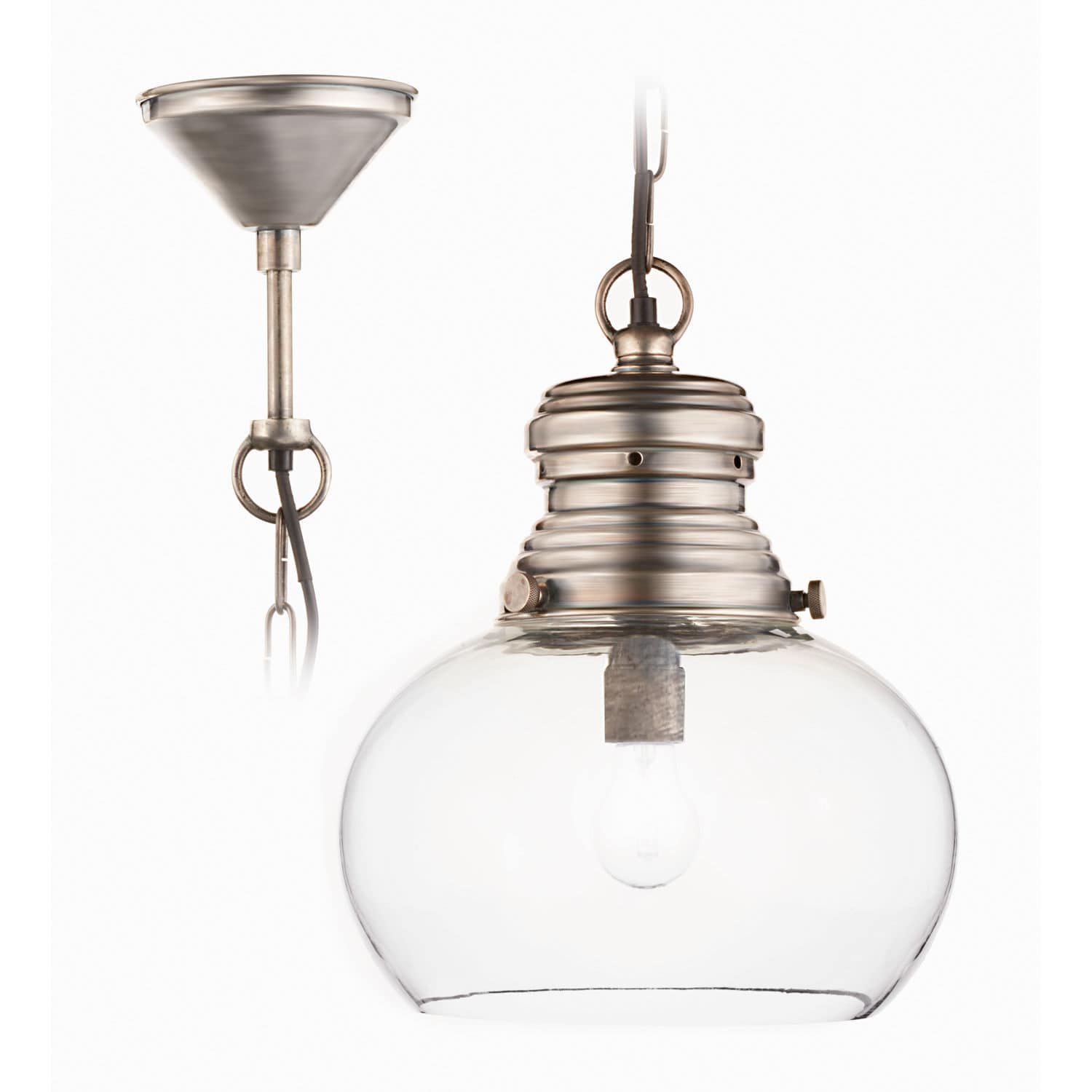 Hanglamp Jule Glazen hanglamp met zilveren metalen kap en doorzichtige bol voor binnenverlichting