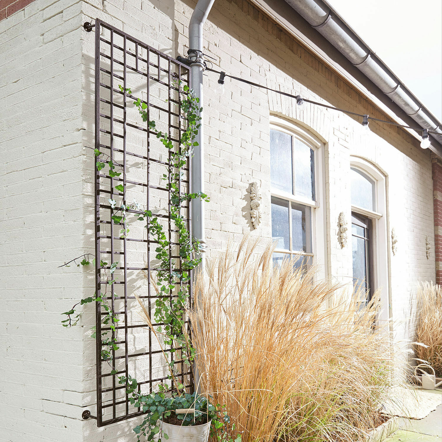Metalen tuinrooster aan witte muur met klimplant en droog siergras in pot