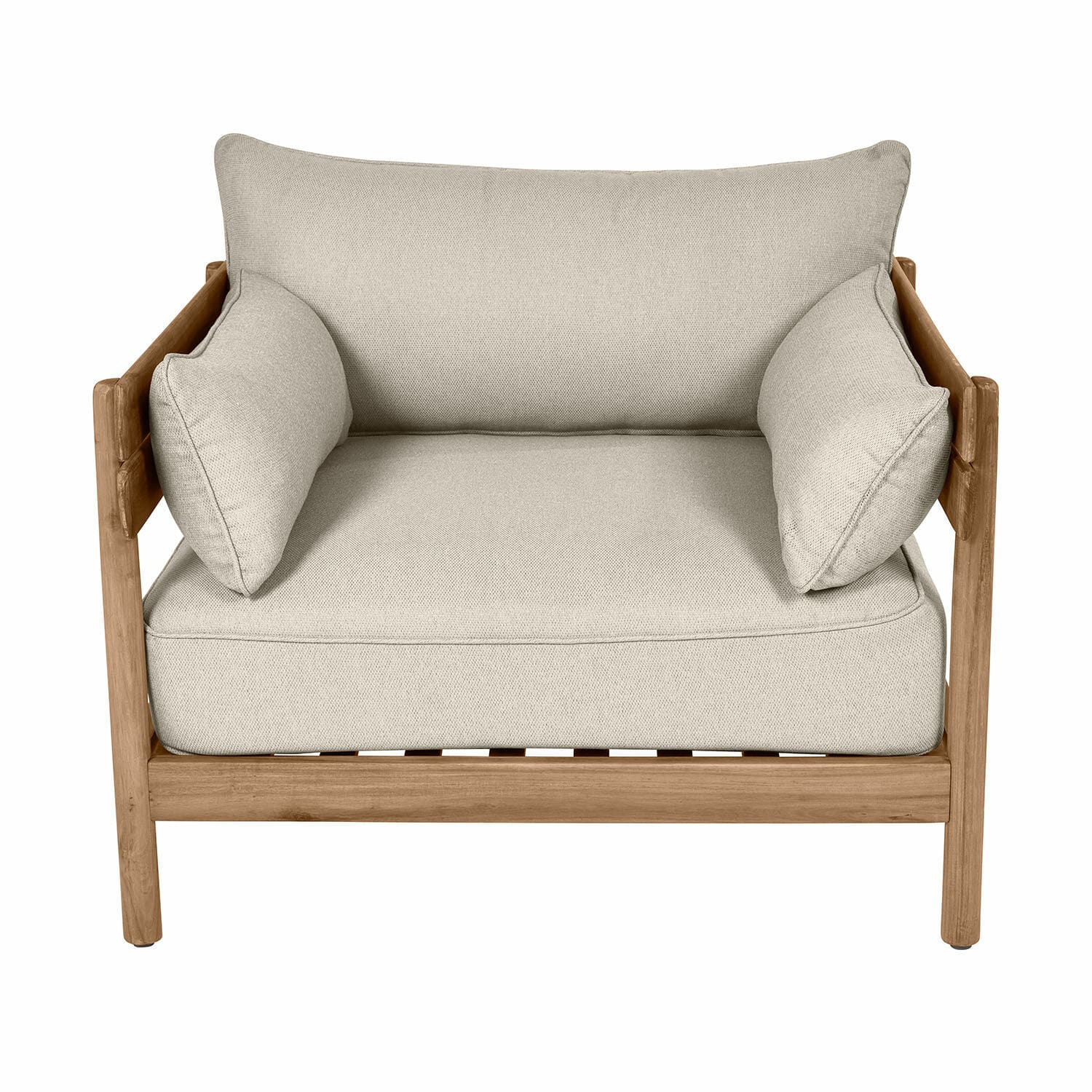 Montivaux fauteuil van FSC-hout in bruin met grijze stoffen kussens, comfortabele woonkamerstoel