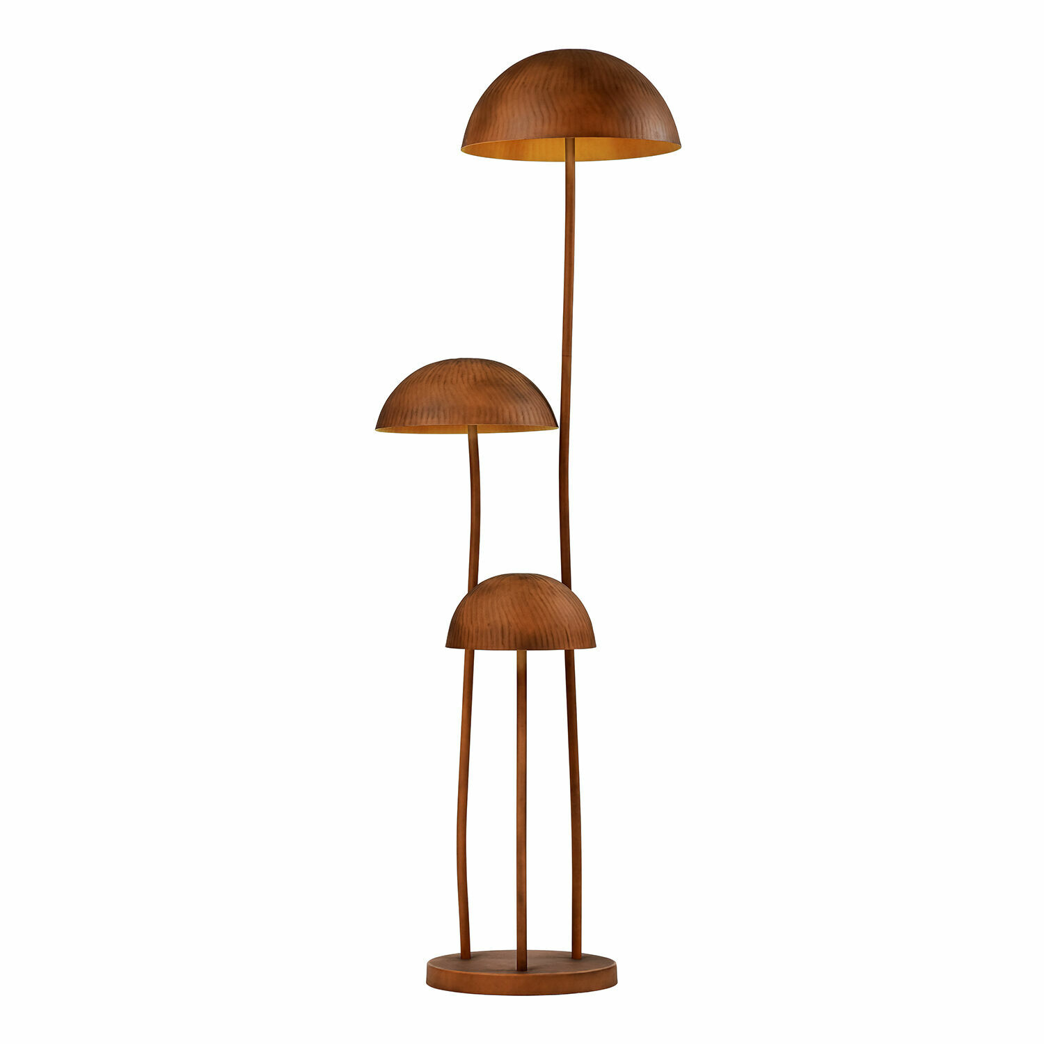 Staande lamp Harvelle Driearmige vloerlamp van koper met halfronde kappen, modern design en verlichting