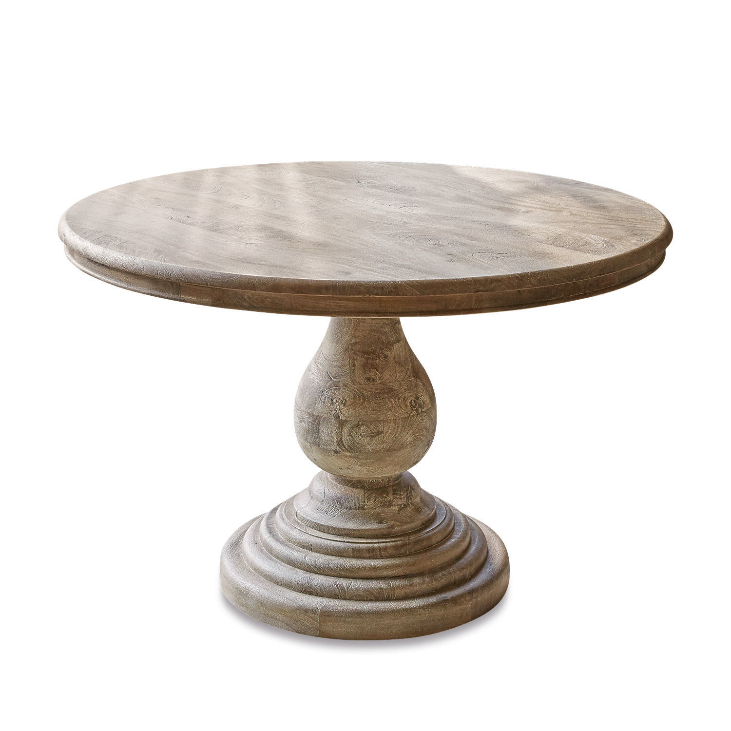 Tafel Orlin Ronde eettafel van mangohout in natuurlijke kleur met decoratieve voet, eetkamermeubel