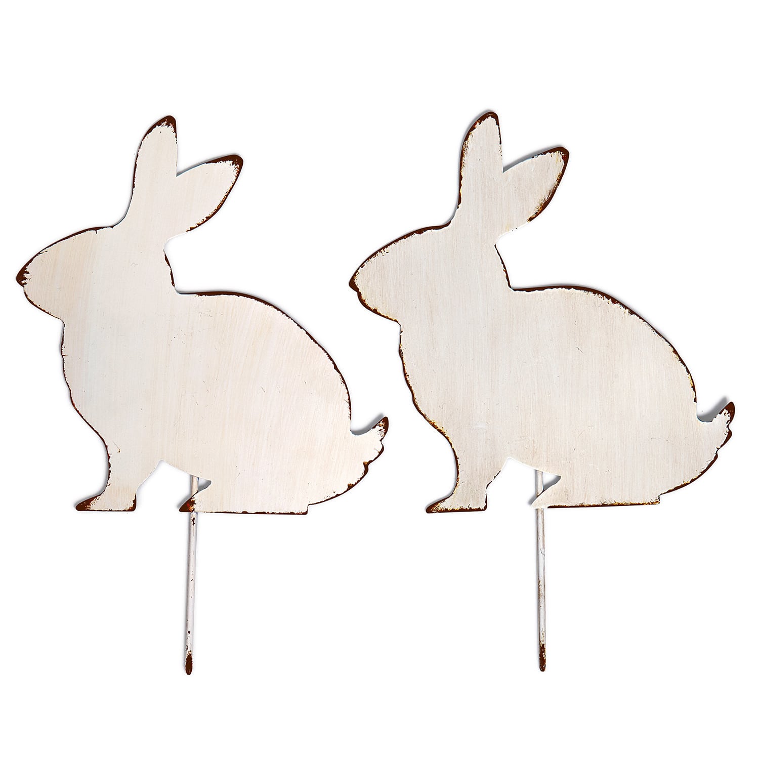 Decoratie hazen set van 2 Marty Twee witte metalen konijnendecoraties met verouderde randen voor de tuin