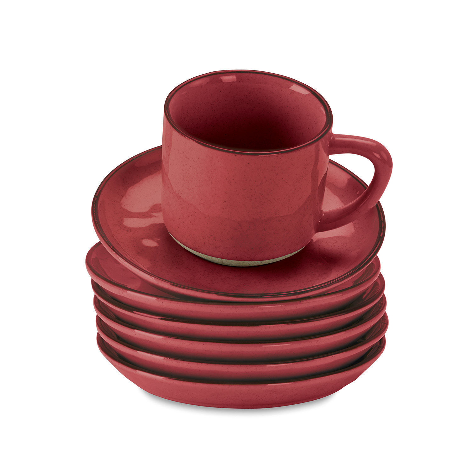 Kopje en schoteltje set van 6 Biarré Set rode keramische kopjes en schotels, stijlvol servies voor koffie en thee