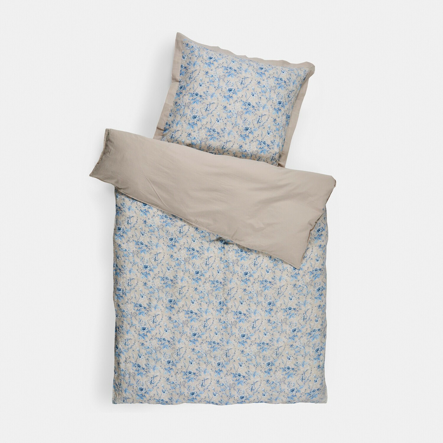 Katoenen beddengoed in beige met blauw bloemenpatroon, set met kussensloop