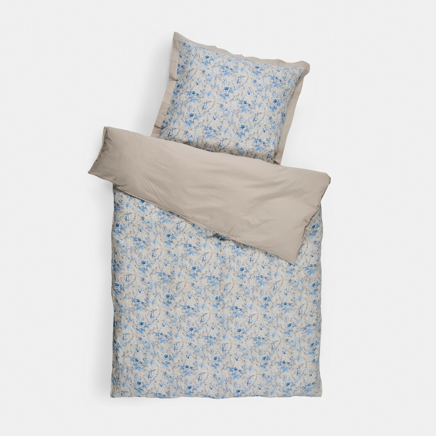Beddengoed Vailenne Katoenen beddengoed in beige met blauw bloemenpatroon, set met kussensloop