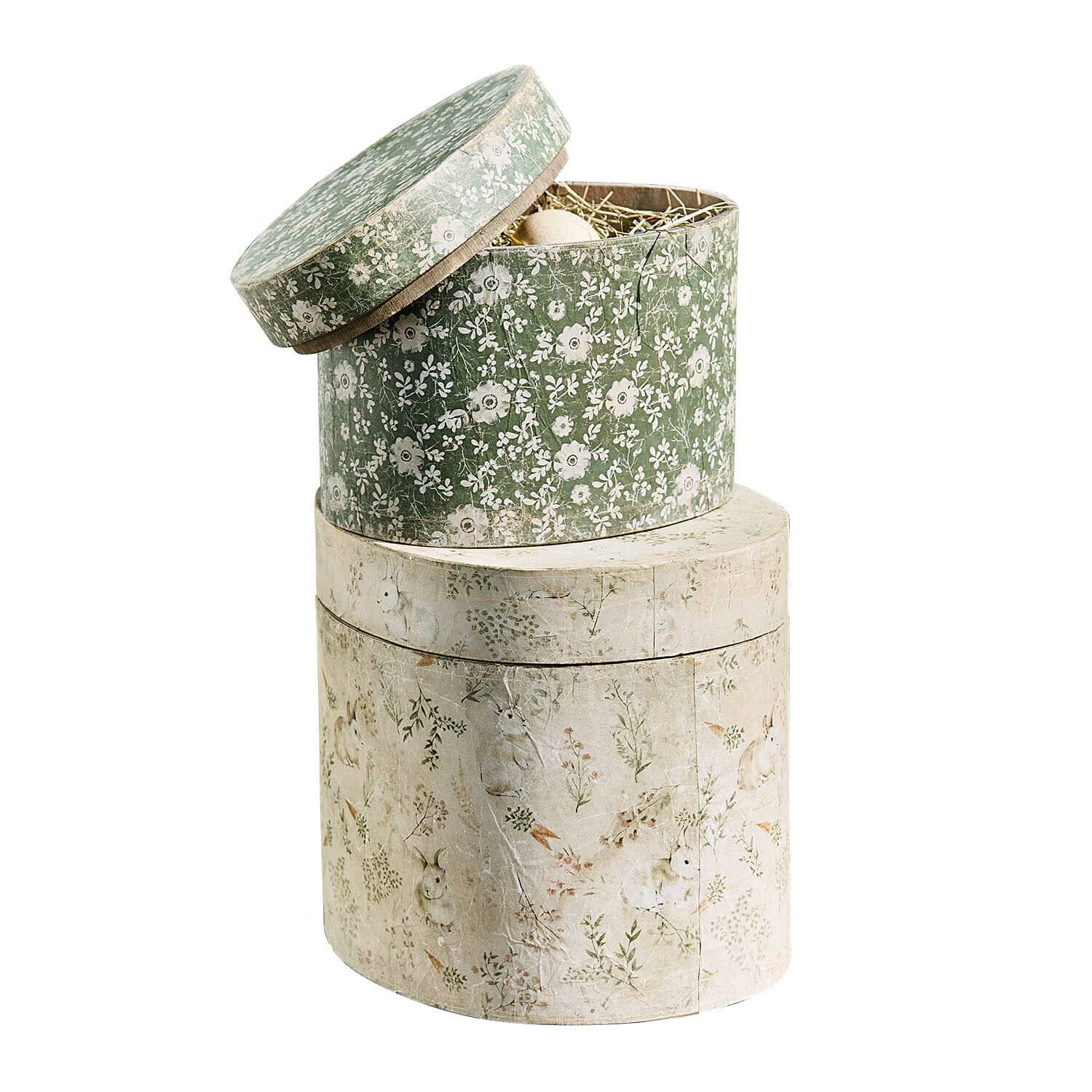Doosje set van 2 Puddlebrook Set van twee ronde papieren dozen met bloemen- en konijnenmotief in groen en beige als decoratie