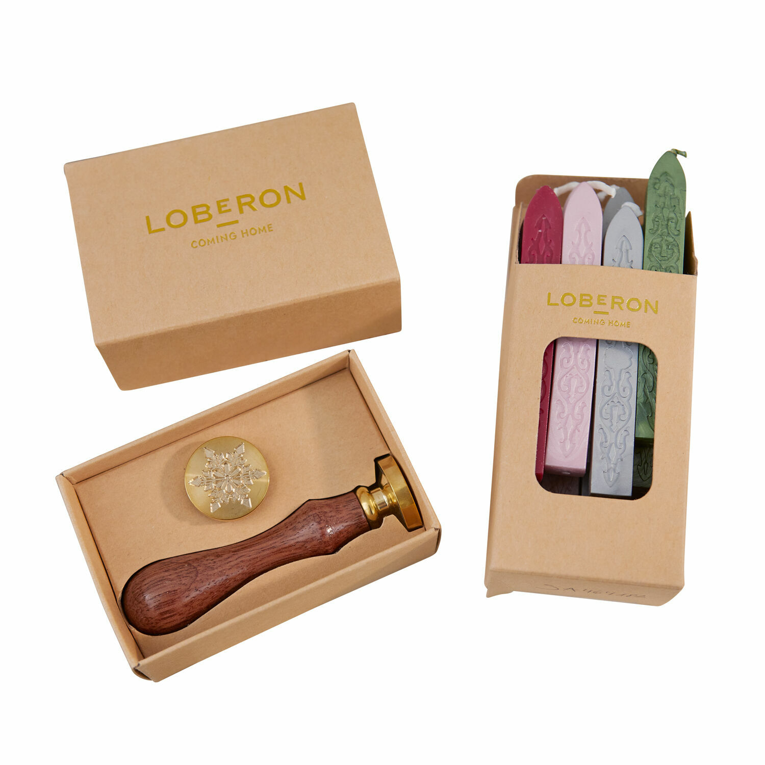 bont Set zegelstempel met houten handvat en gekleurde zegelwas in kartonnen doos