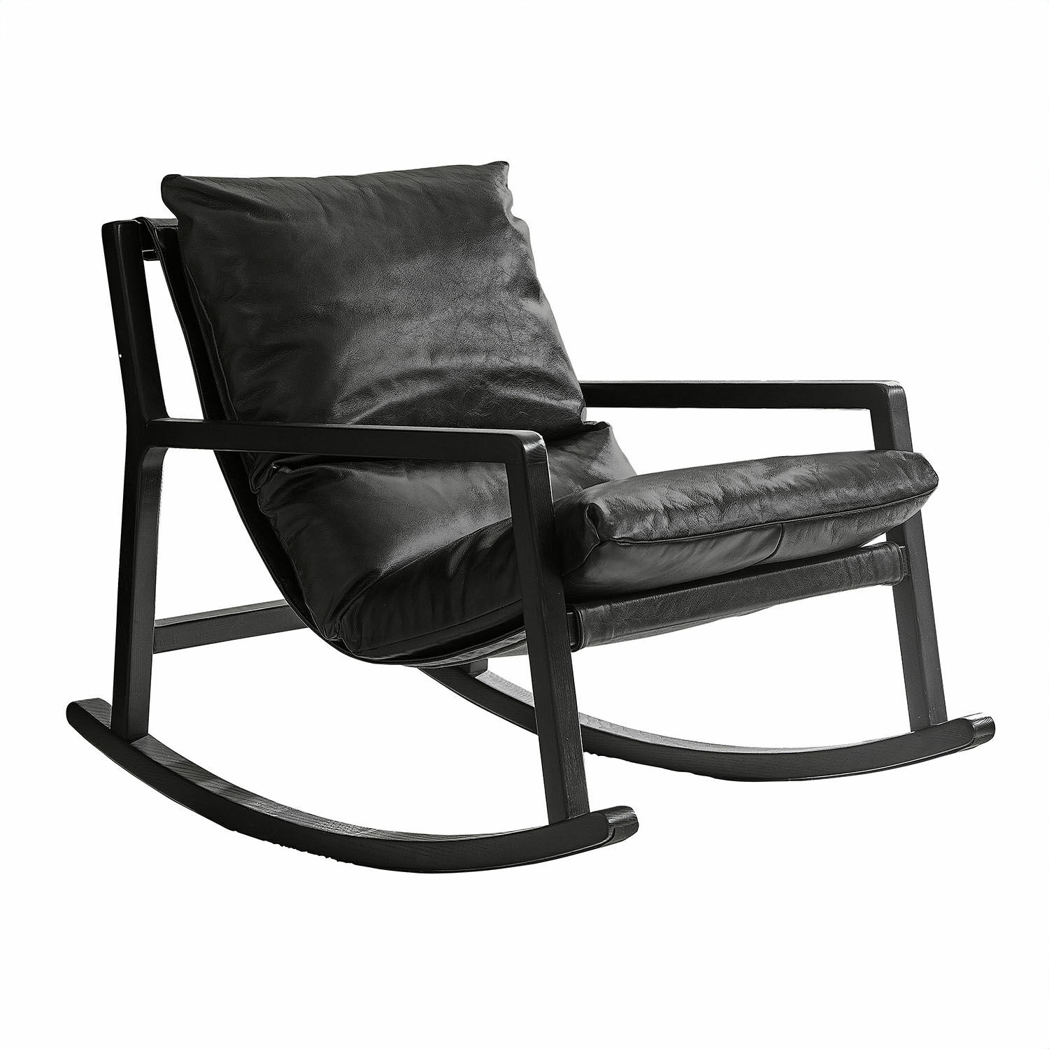 Schommelstoel Falconridge Zwarte schommelstoel met zachte leren bekleding en houten frame voor comfortabel zitten
