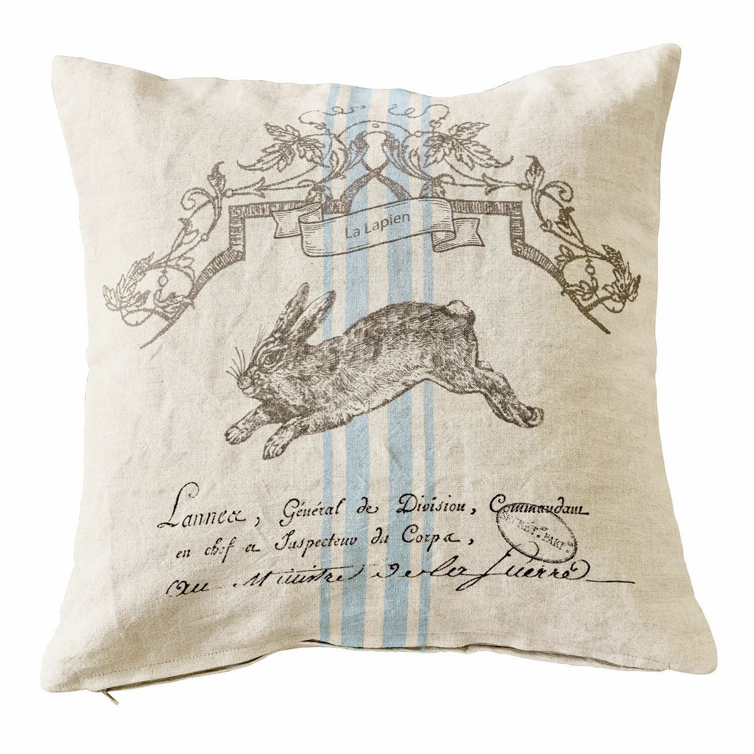 Kussenhoes La Lapin Beige linnen kussen met konijnenprint en blauwe strepen, stijlvolle woondecoratie