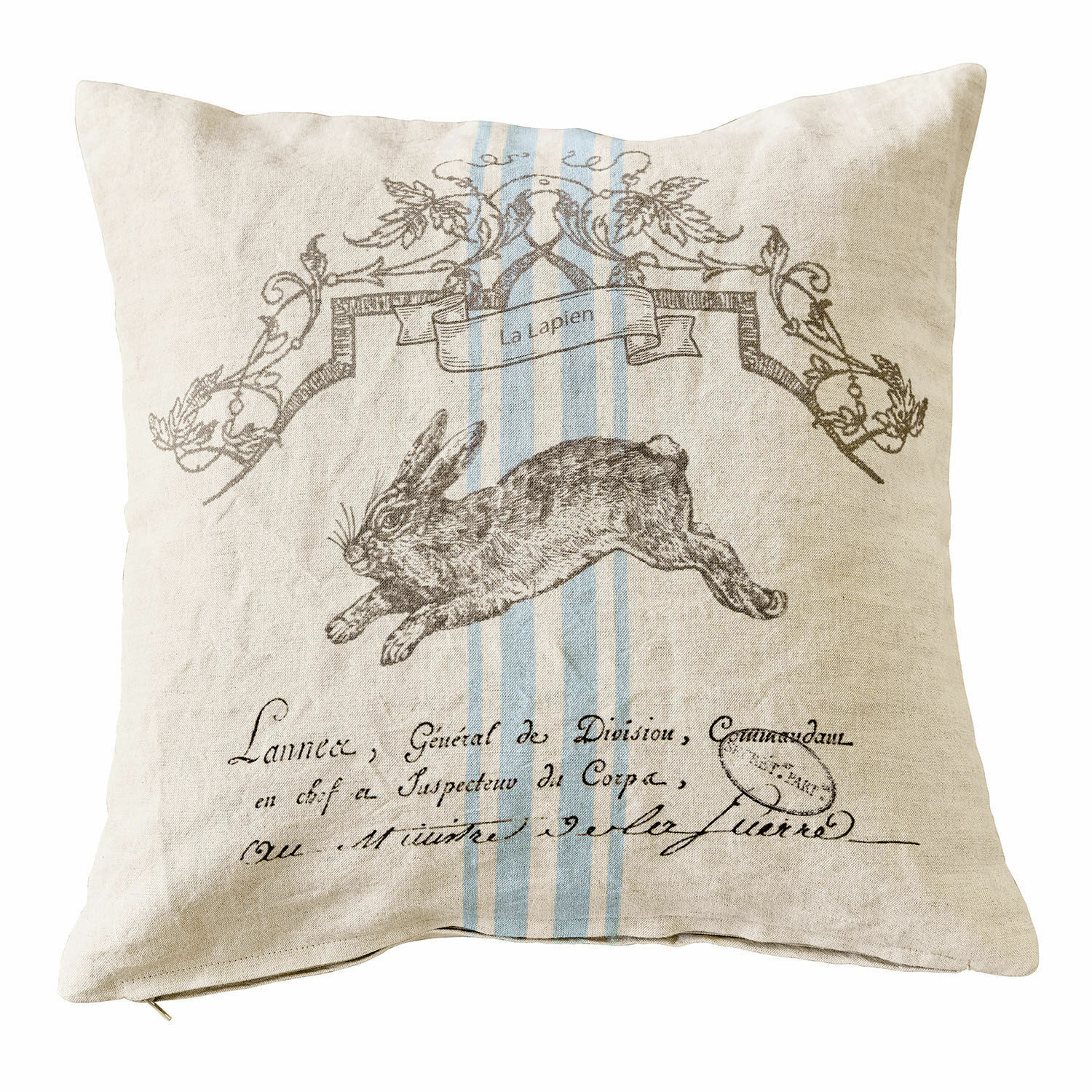 Kussenhoes La Lapin Beige linnen kussen met konijnenprint en blauwe strepen, stijlvolle woondecoratie