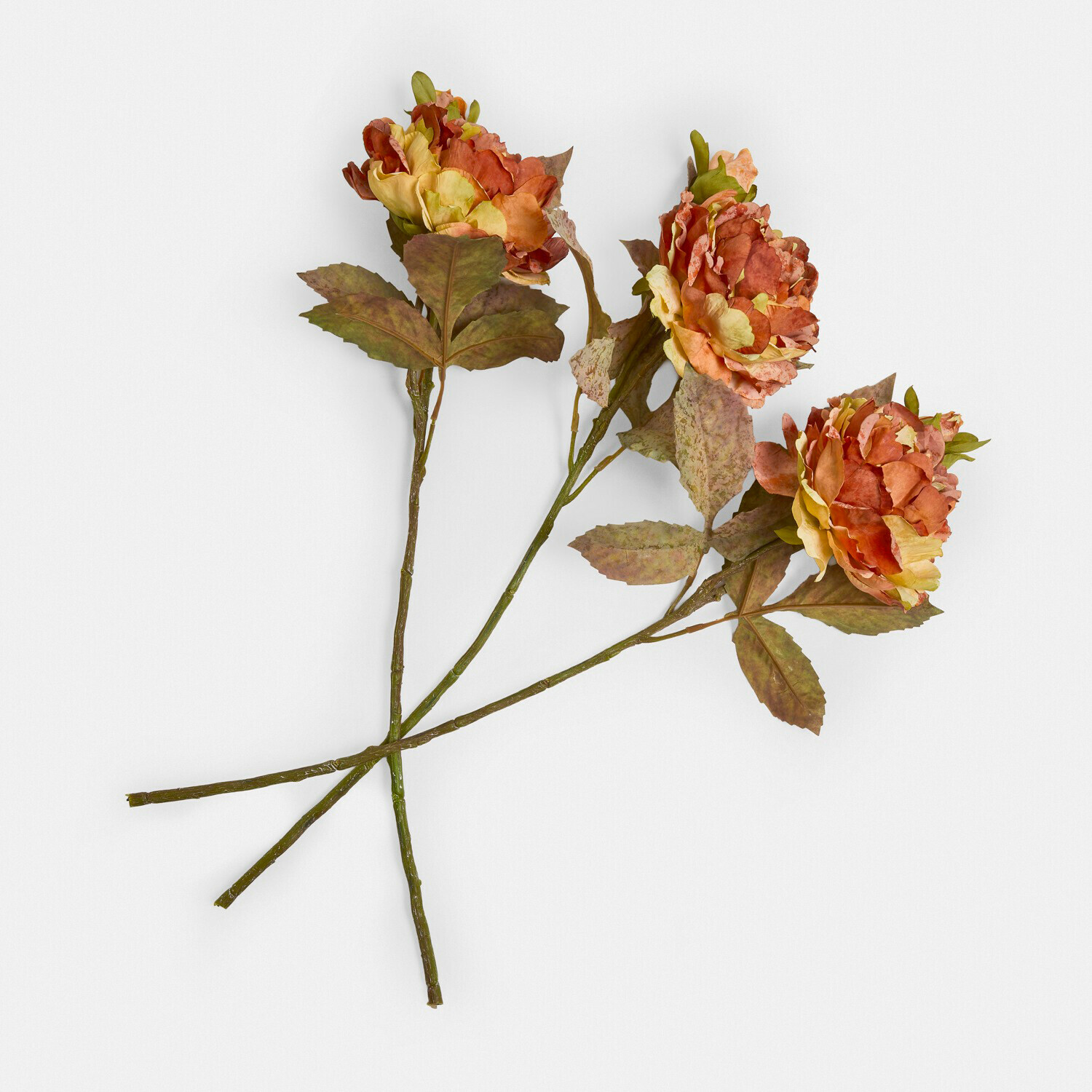 Decoratieve bloem set van 3 Ambrayelle Drie kunstbloemen in oranje en gele tinten met groene bladeren op witte achtergrond