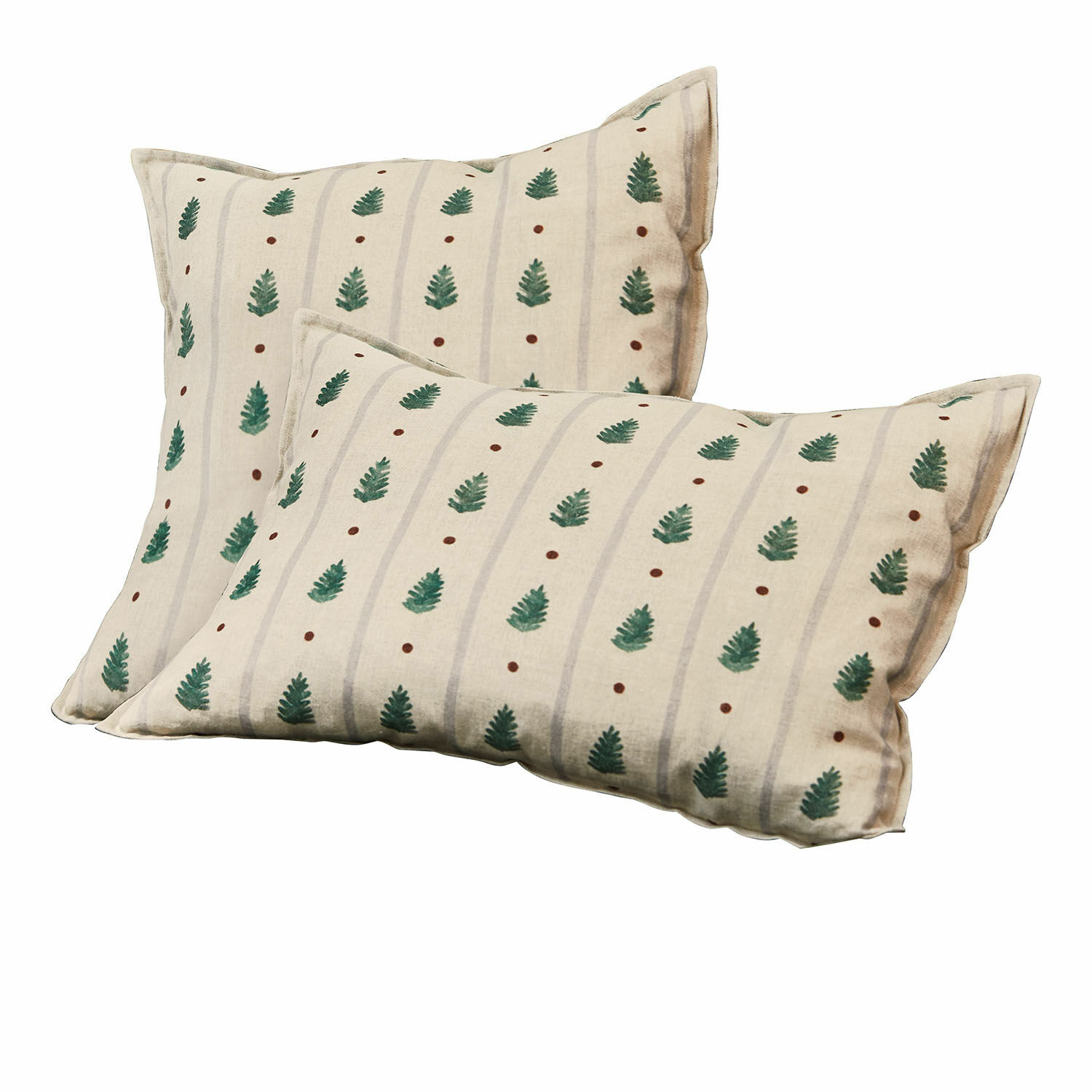 Kussenhoes set van 2 Emily Set van twee crèmekleurige katoenen kussens met groen bladmotief en bruine stippen voor interieur