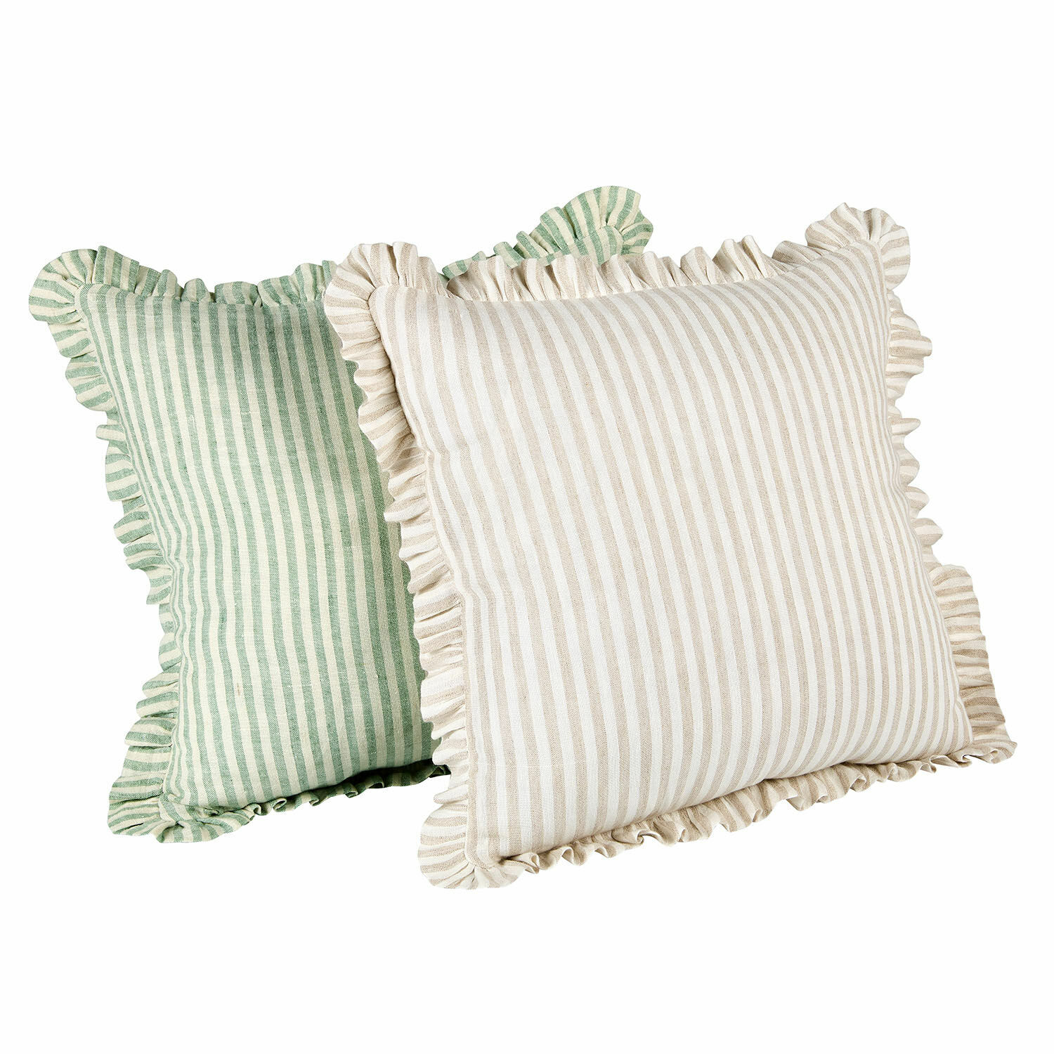 Kussenhoes set van 2 Brenda Set van twee decoratieve katoenen kussens met strepen in crème-beige en groen met ruches