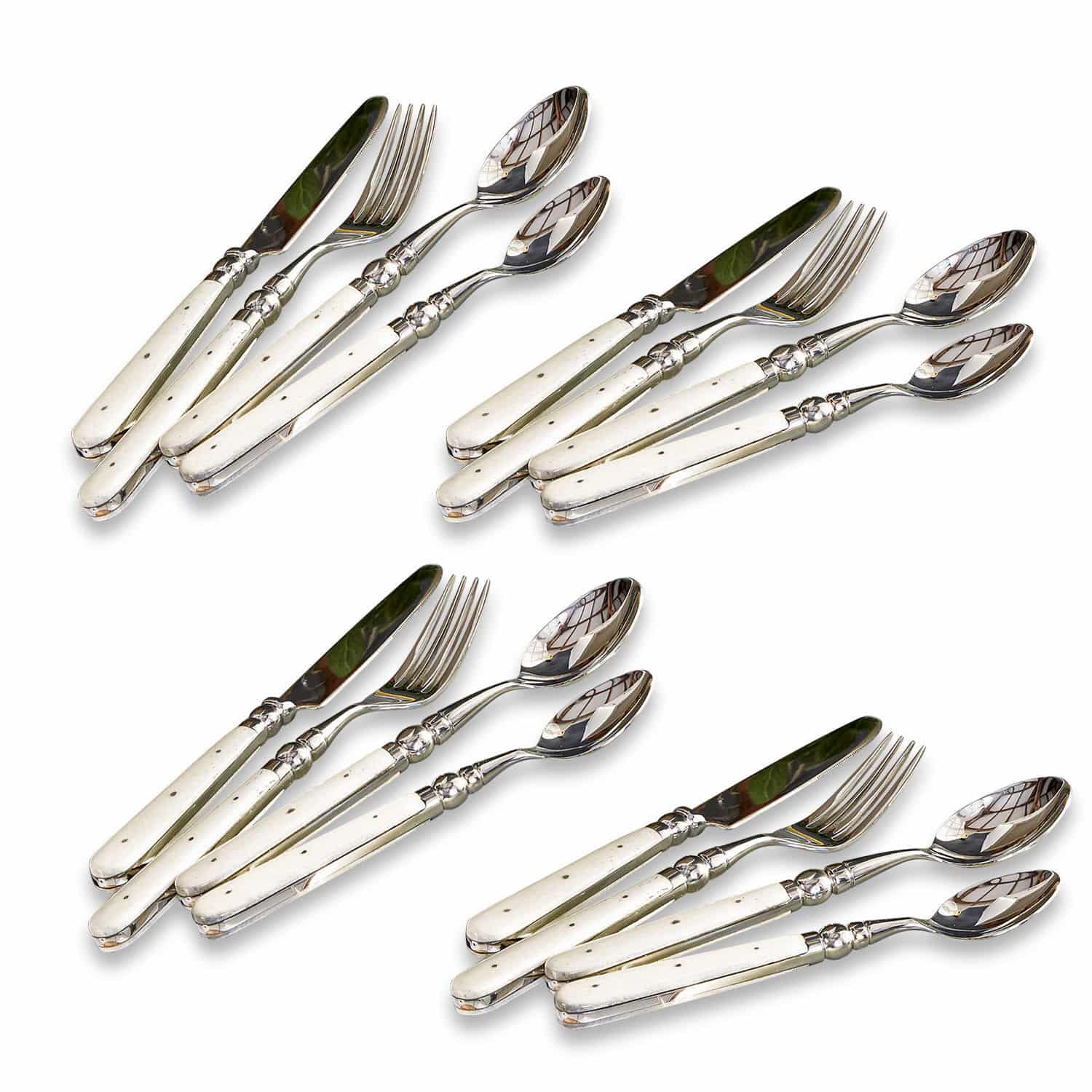 Bestek Bigeste Bestekset met witte handvatten en metalen uiteinden, elegante keukenaccessoires
