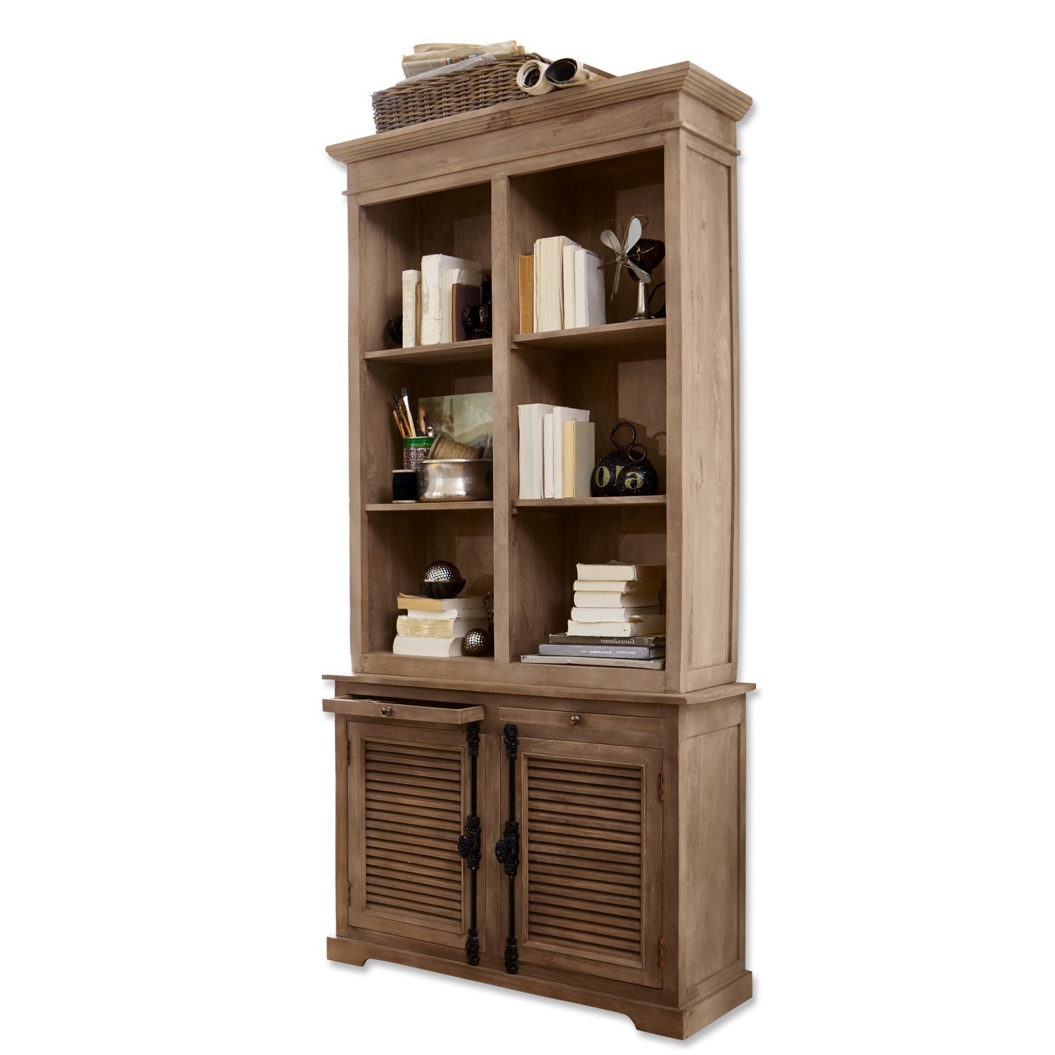 Kast Woodlawn Houten kast in natuurlijke kleur met planken en lades voor boeken en decoratie