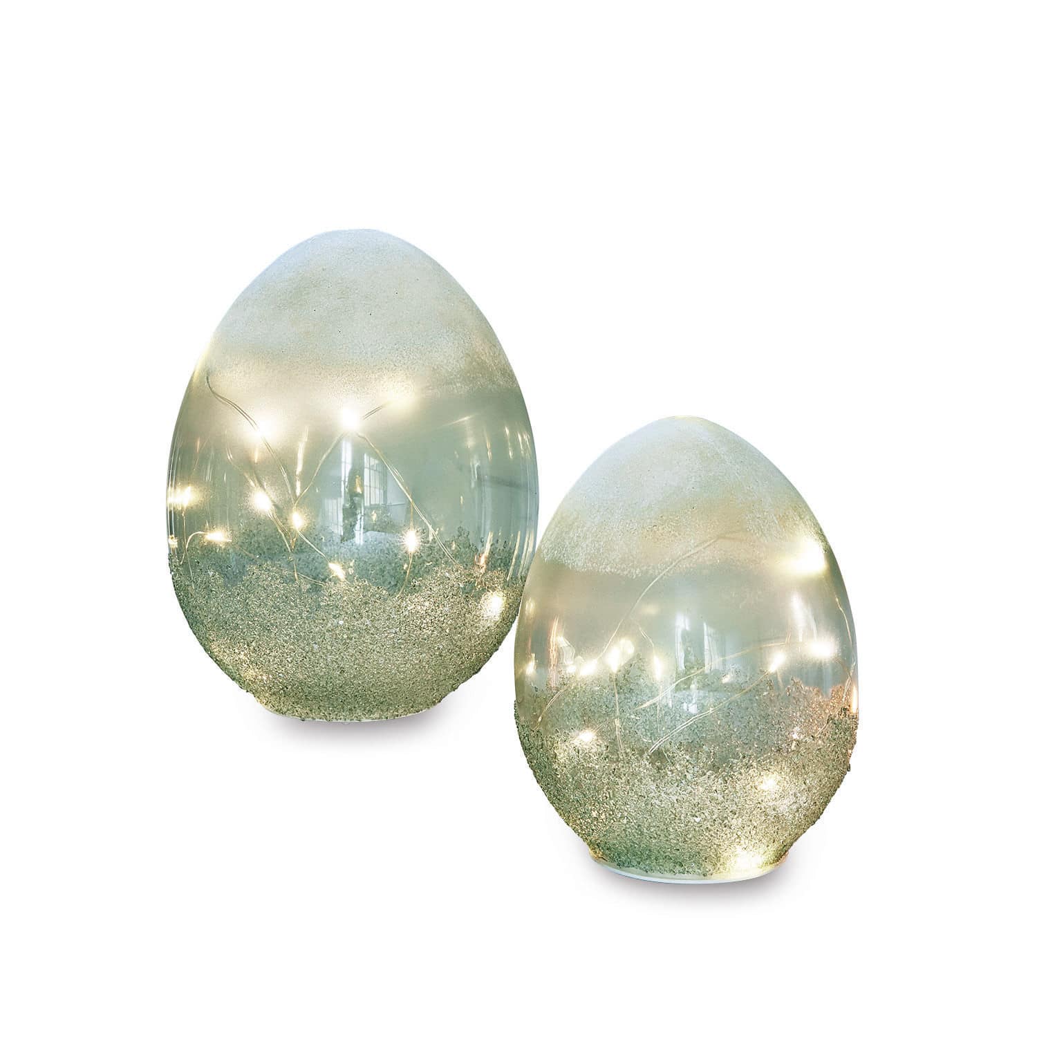 LED-ei set van 2 Borleos Glazen eivormige decoraties met zachte LED-verlichting en zilveren glinsterend effect