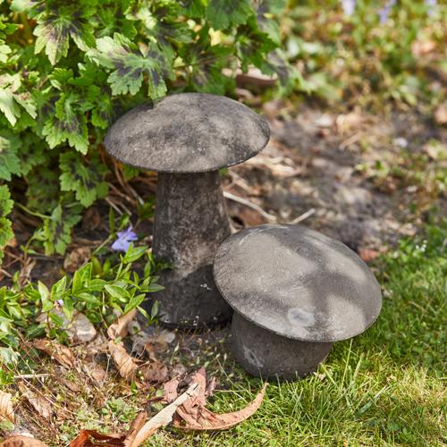 Decoratieve grijze betonnen paddenstoelen in de tuin op gras met groene planten