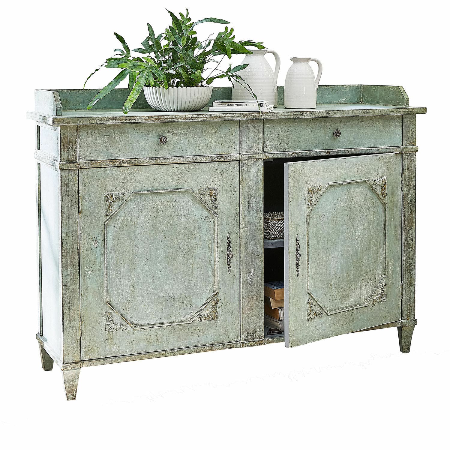Kastje Mervelique Groene houten dressoir met twee lades en decoratieve deuren voor stijlvolle opbergruimte