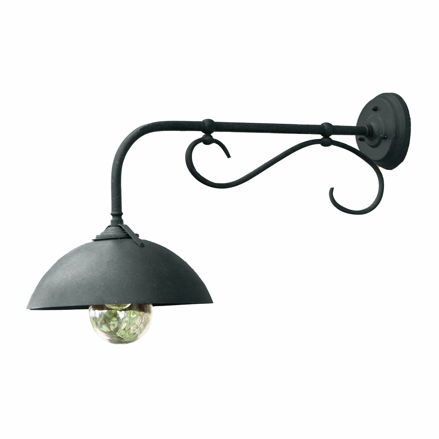 Zwarte metalen buitenwandlamp Lupia met decoratieve arm en glazen bol, buitenverlichting