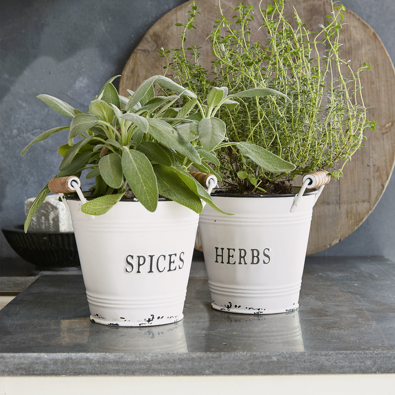 Witte metalen potten met opschrift Spices en Herbs met groene kruiden op het aanrecht