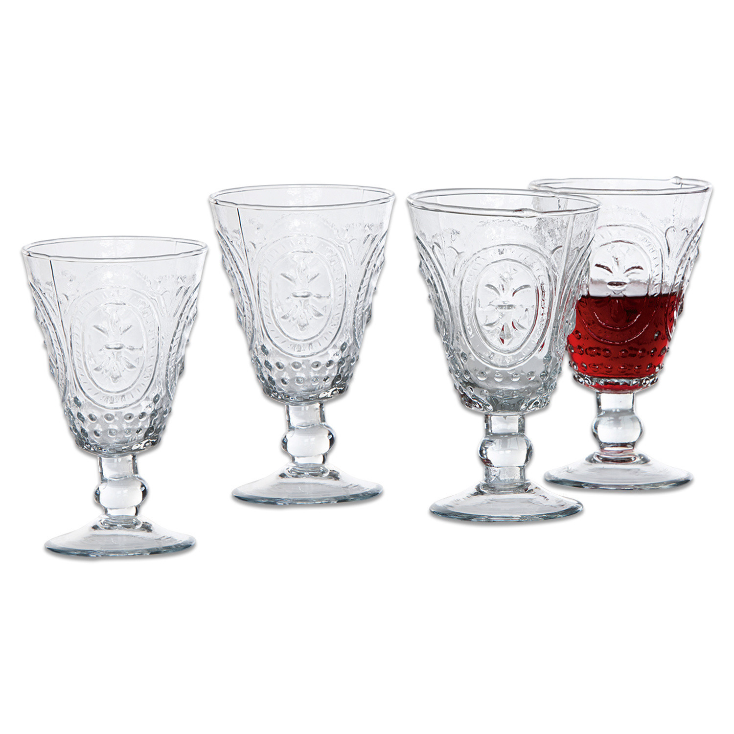 Wijnglas set van 4 Sarton Set van vier heldere glazen met decoratief patroon, perfect om dranken te serveren.