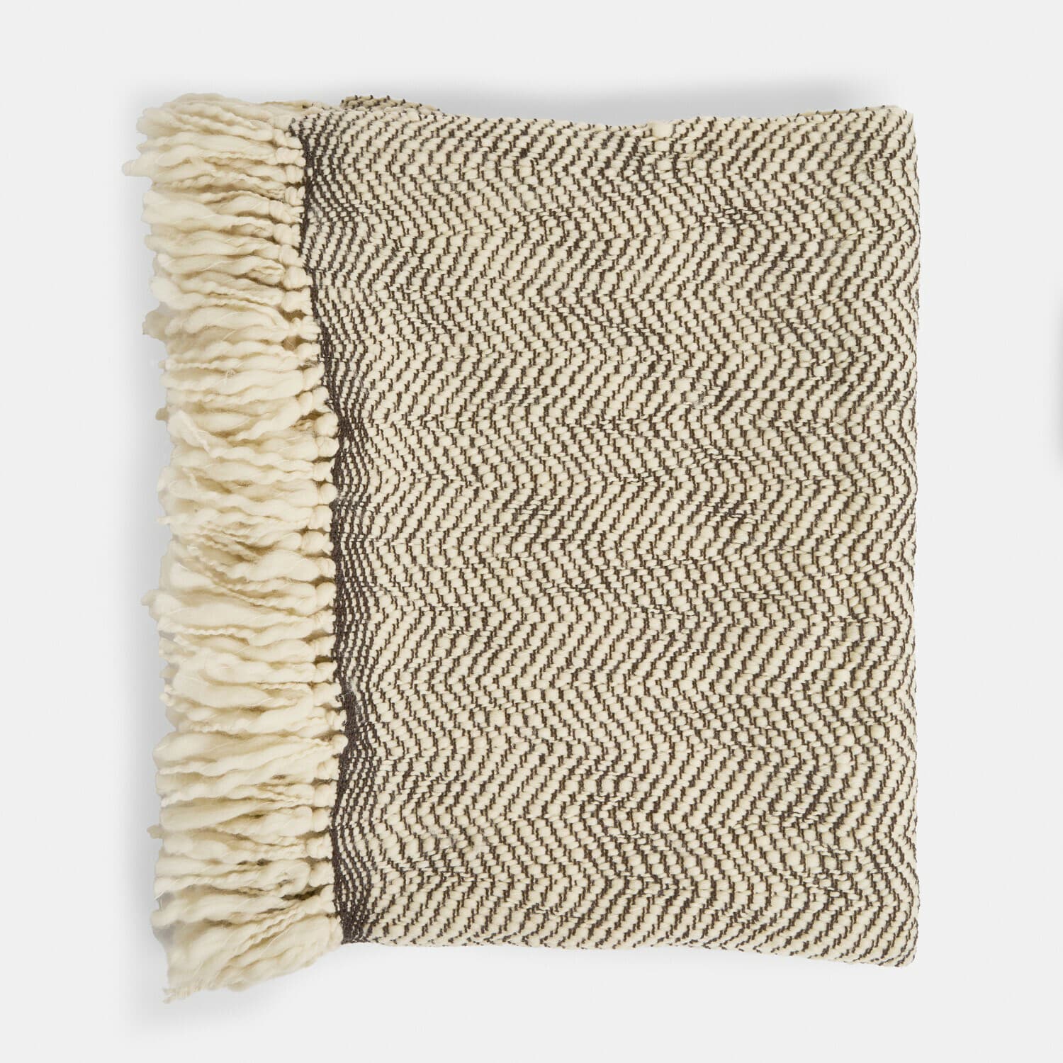 Plaid Kerenza Beige wollen plaid met bruin patroon en franjes, zachte en warme deken voor woonkamer
