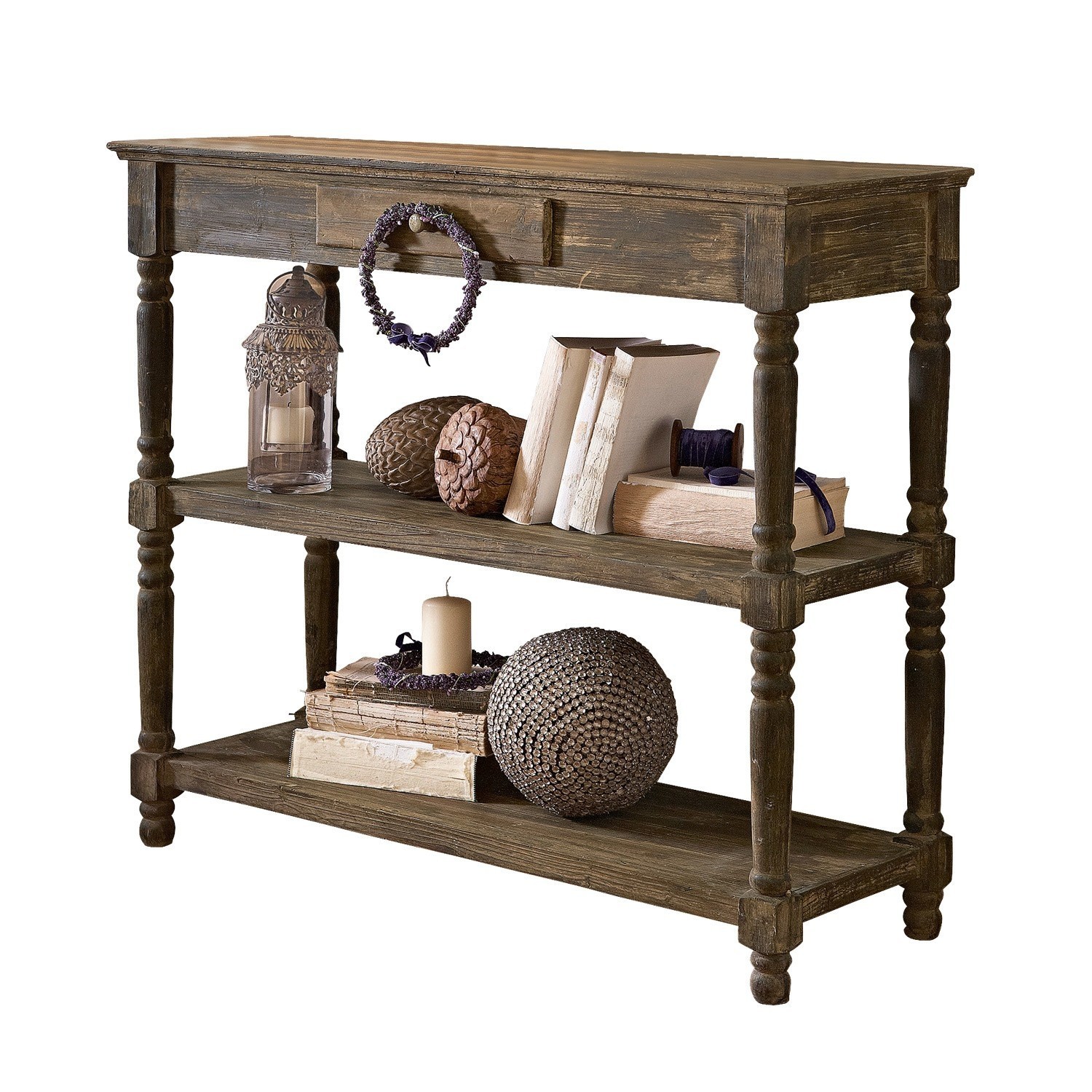 Sidetable Roubaix Rustieke houten sidetable met planken en natuurlijke decoraties in warme kleuren
