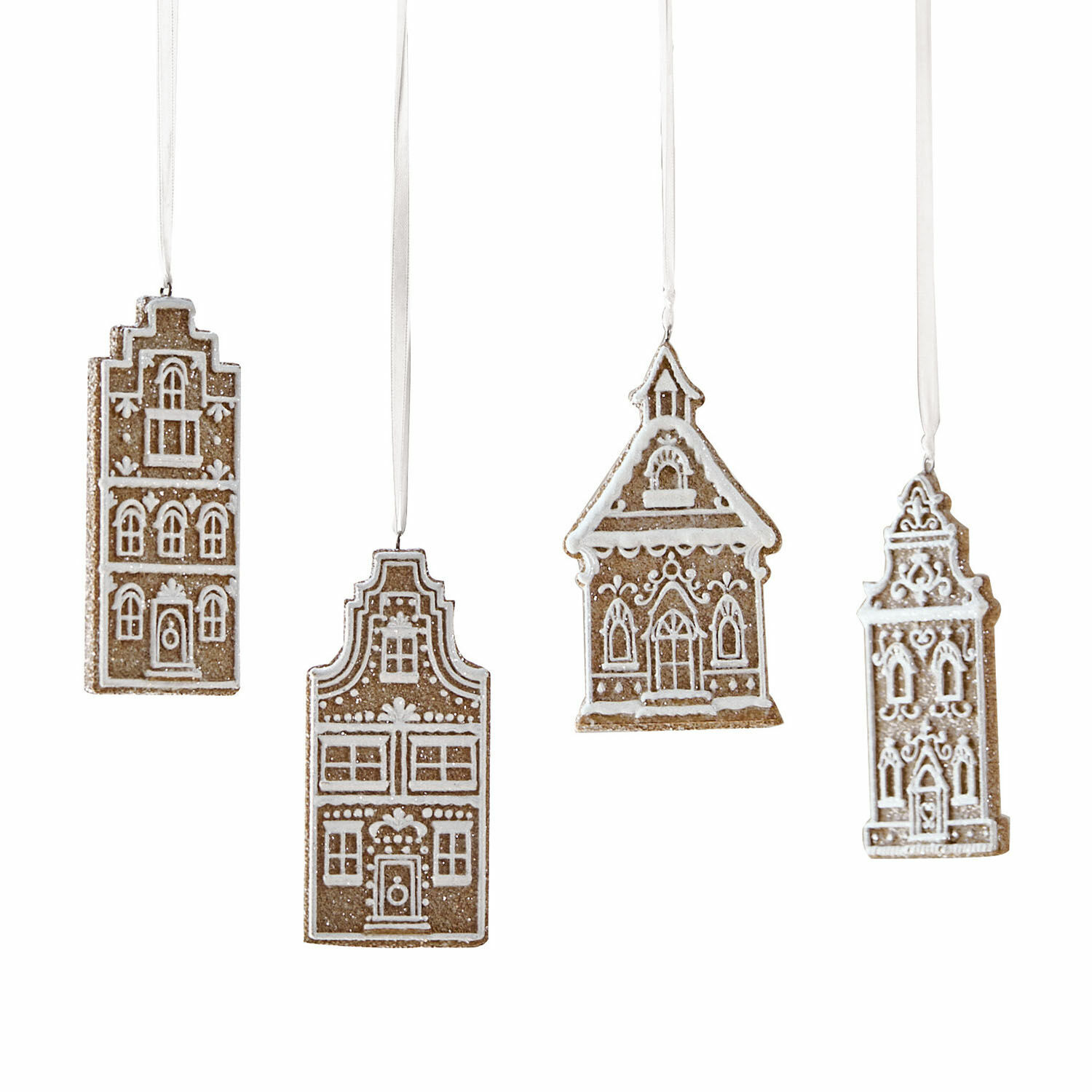 Hanger set van 4 Gabin Hangers in huisvorm van peperkoekmateriaal, bruin met witte versiering, kerstdecoratie