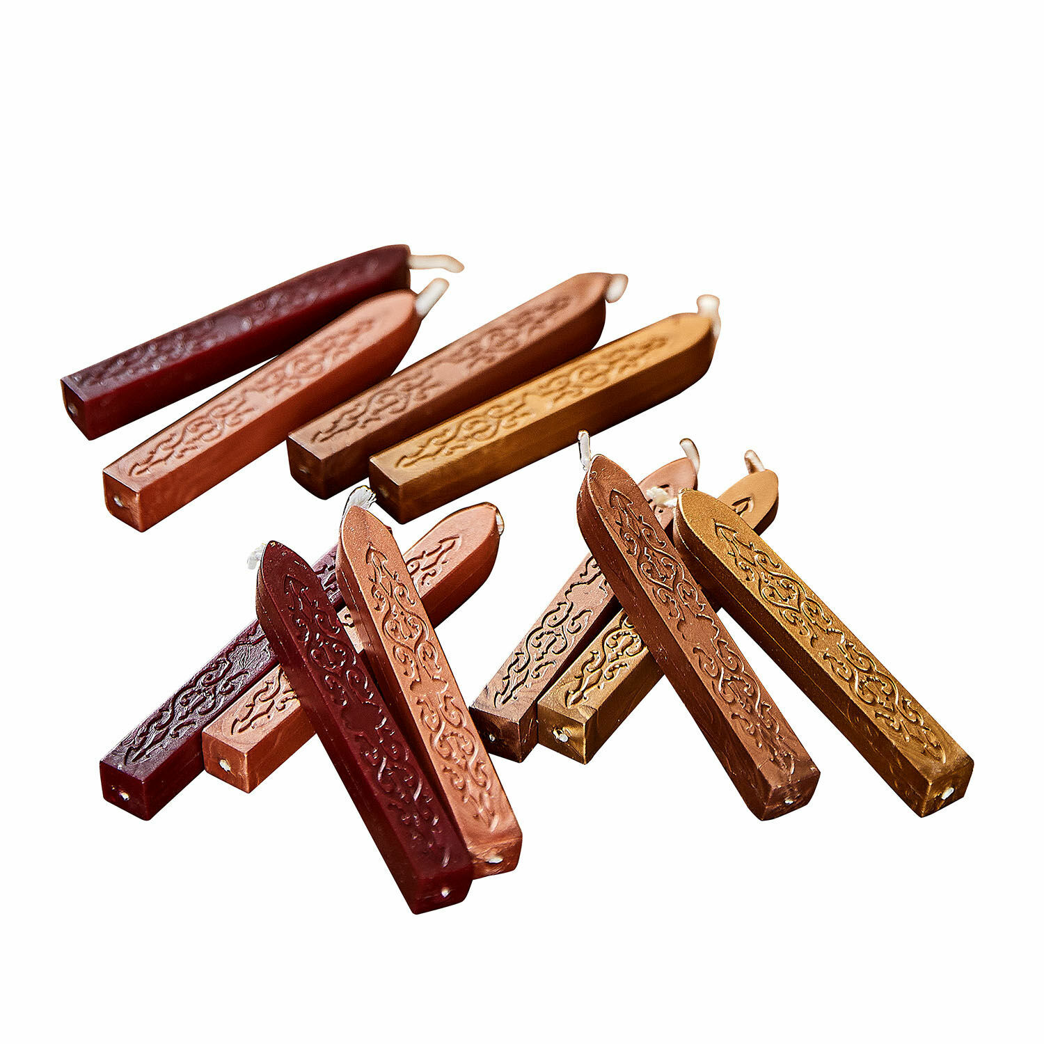 Set van 12 zegellakken in bruin, rood en goud met decoratief patroon, geschikt voor brieven en uitnodigingen