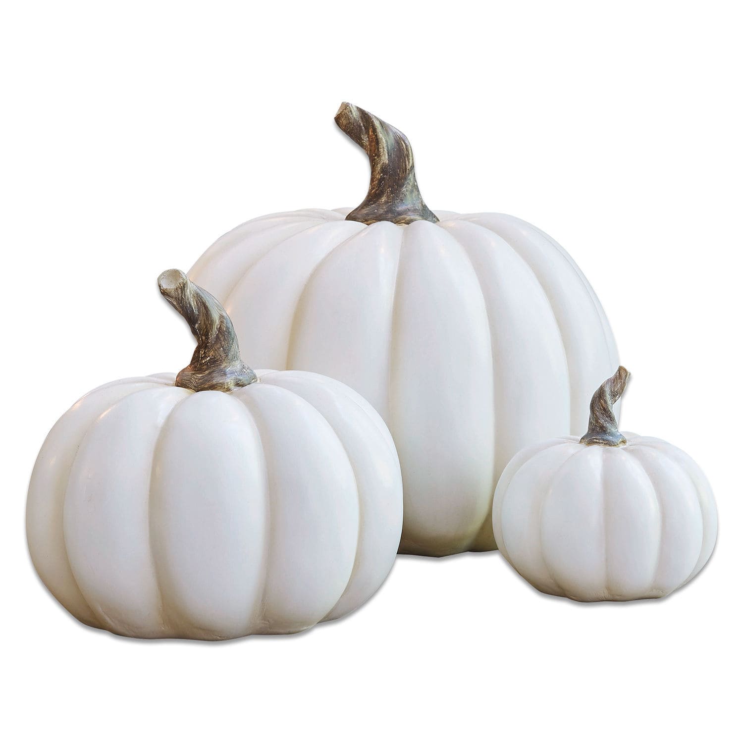 Pompoen set van 3 Elrik Set van drie witte decoratieve pompoenen met bruine stelen, herfstdecoratie voor binnen
