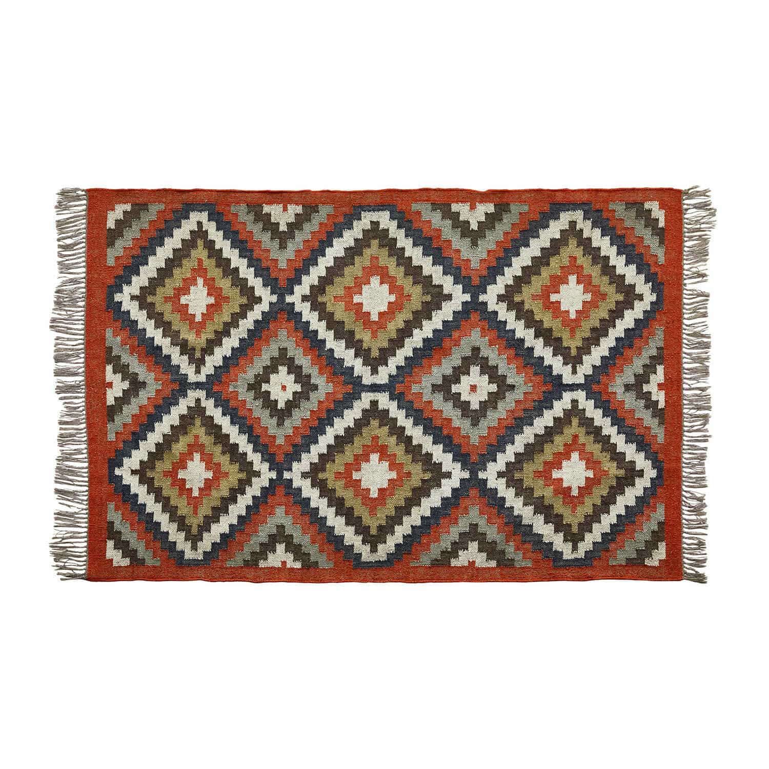 Kleurrijk Dailies vloerkleed met geometrisch patroon en franjes, perfect voor interieurdecoratie