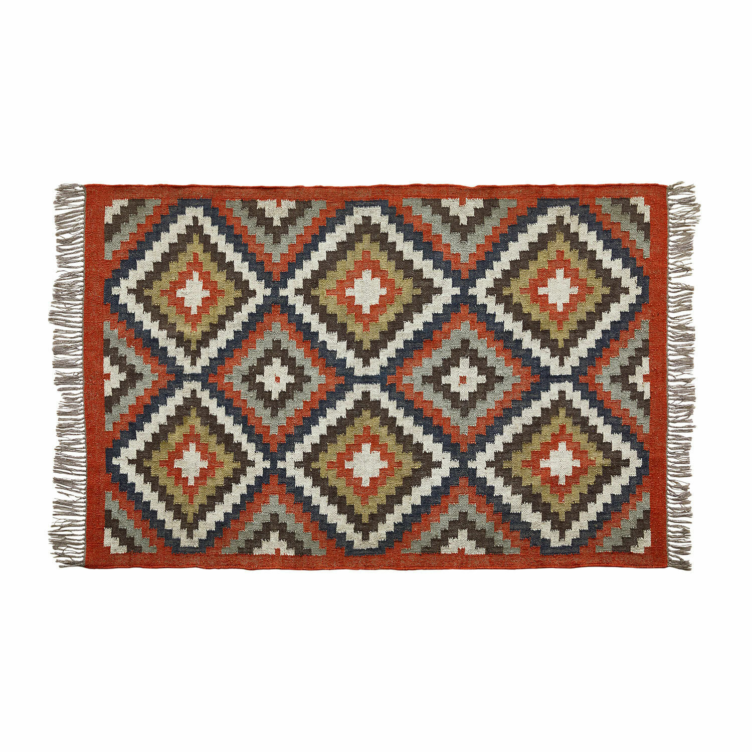 bont Kleurrijk Dailies vloerkleed met geometrisch patroon en franjes, perfect voor interieurdecoratie