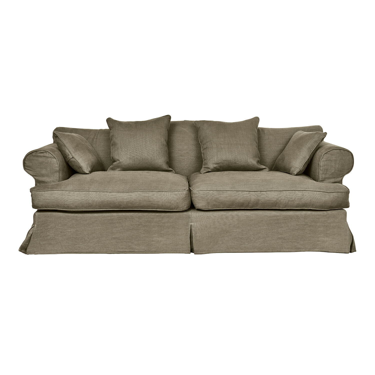 taupe Dawnhurst bank in taupekleurige stof met zachte kussens, klassiek ontwerp voor woonkamer