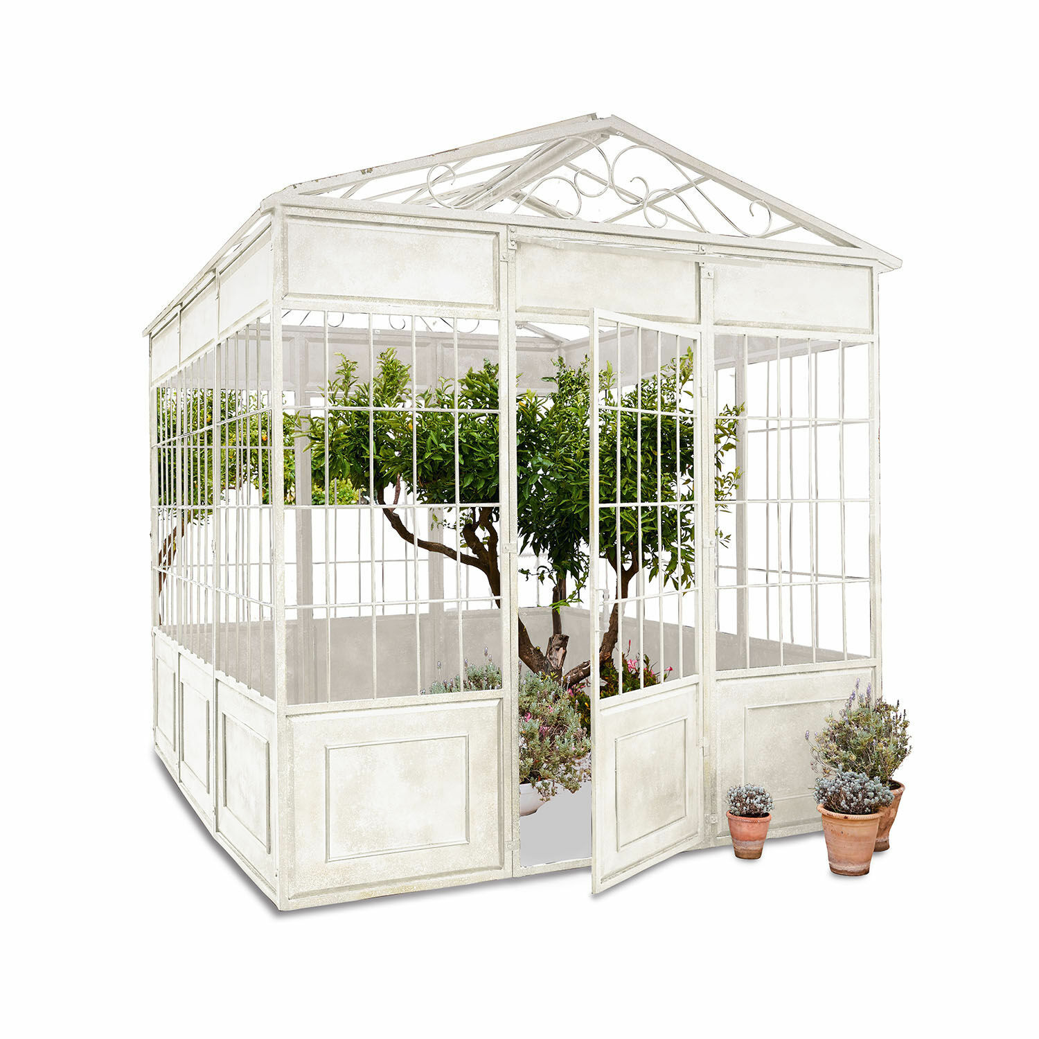 Witte metalen Essone tuinpaviljoen met planten en potten, ideaal voor tuin en terras