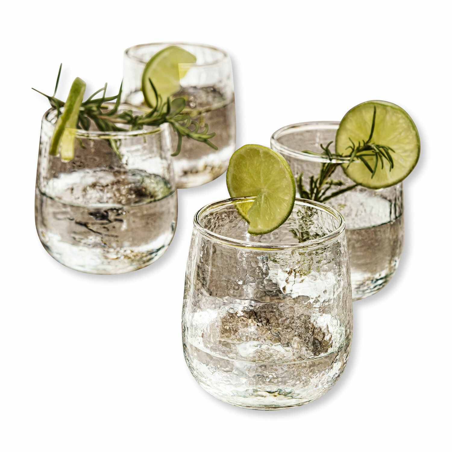 Glas set van 4 Valters Set van vier glazen van gestructureerd glas met limoenplakjes en rozemarijntakjes