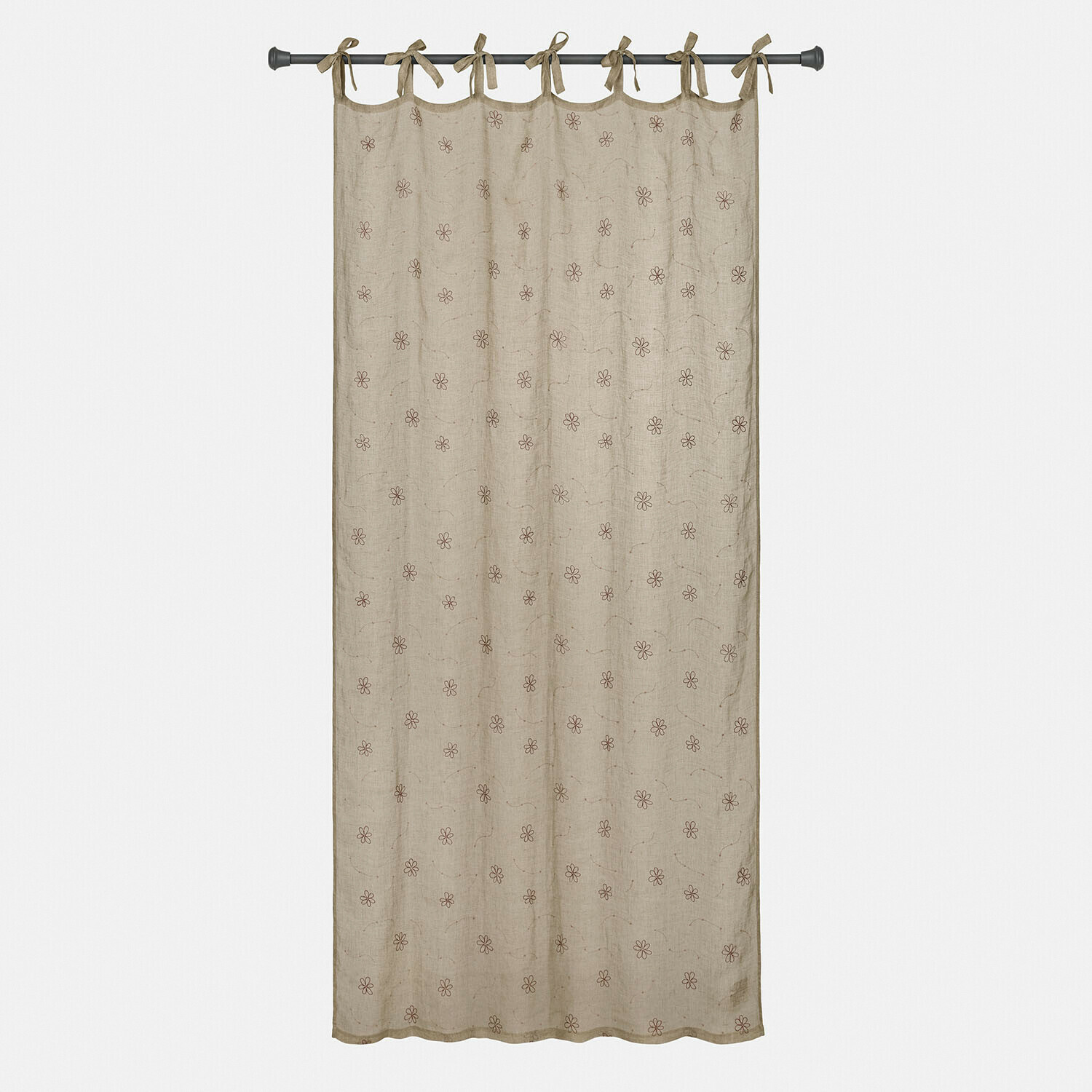 Gordijn Amélorie Beige linnen gordijn met bruin bloemenpatroon en striklinten om op te hangen