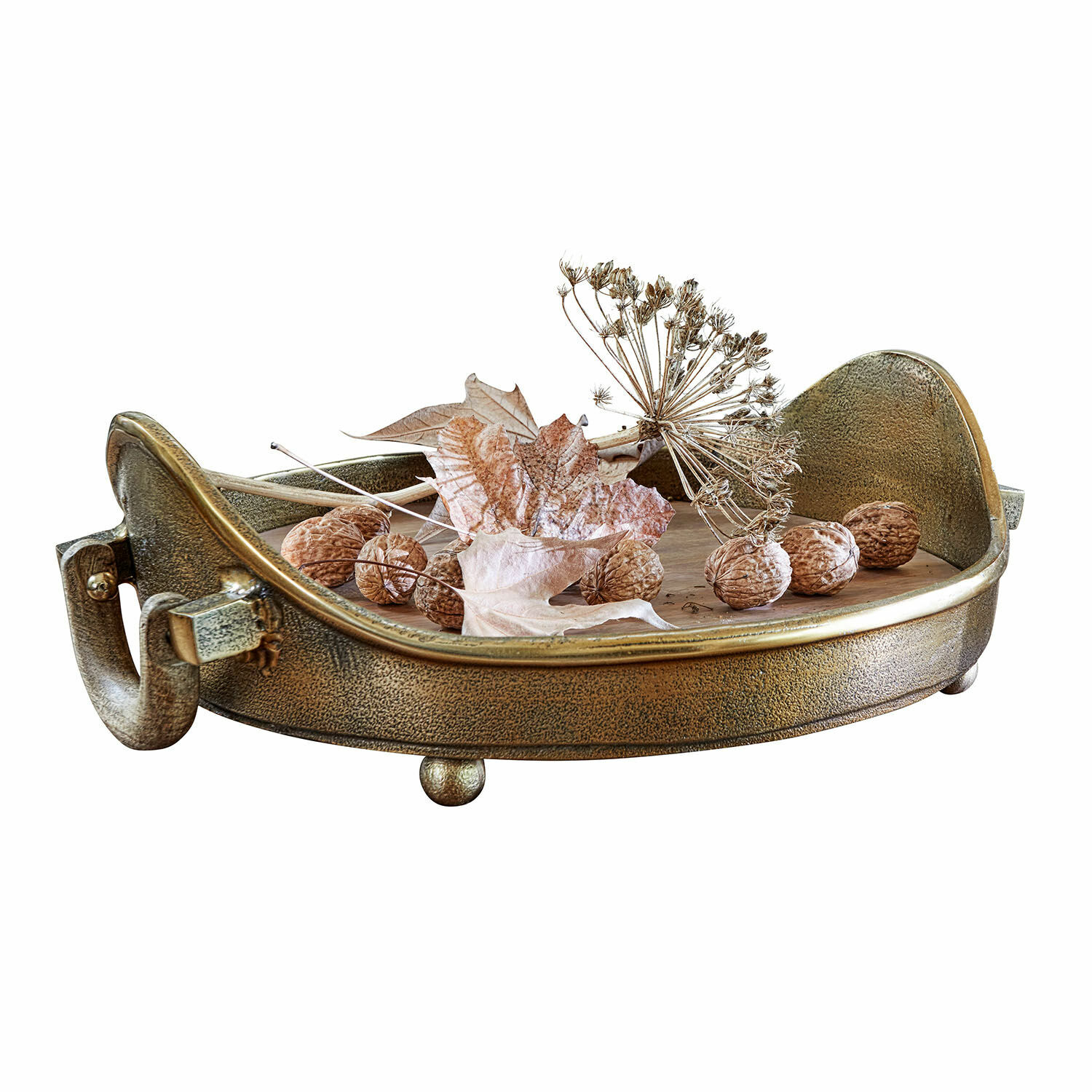 Dienblad Louvil Ronde metalen decoratieve schaal in antiek gouden kleur met gedroogde bladeren en noten