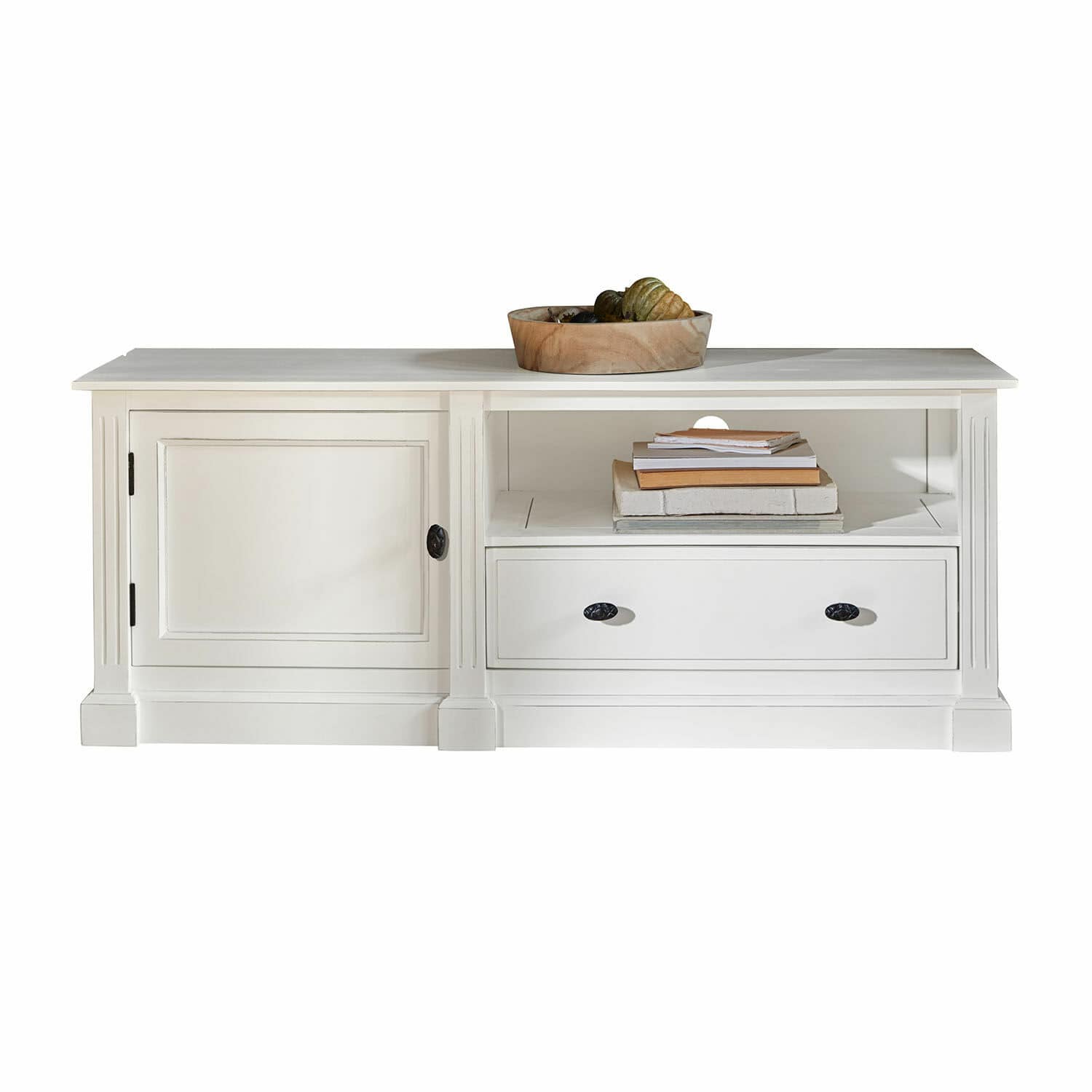 Witte houten salontafel met lade en plank, decoratieve schaal en boeken erop