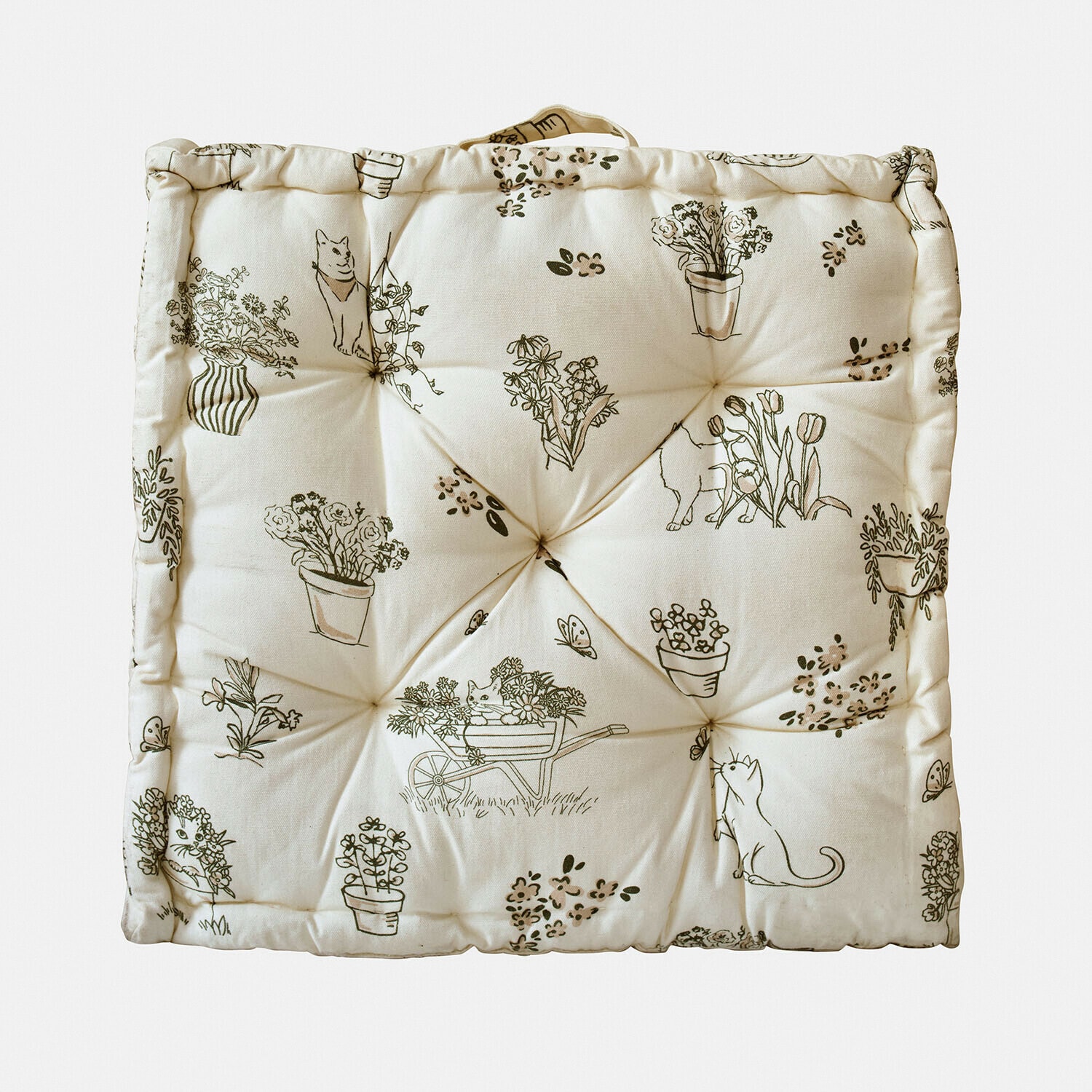 Vierkante katoenen kussen in crème met planten- en kattenprint, decoratief en comfortabel voor stoelen