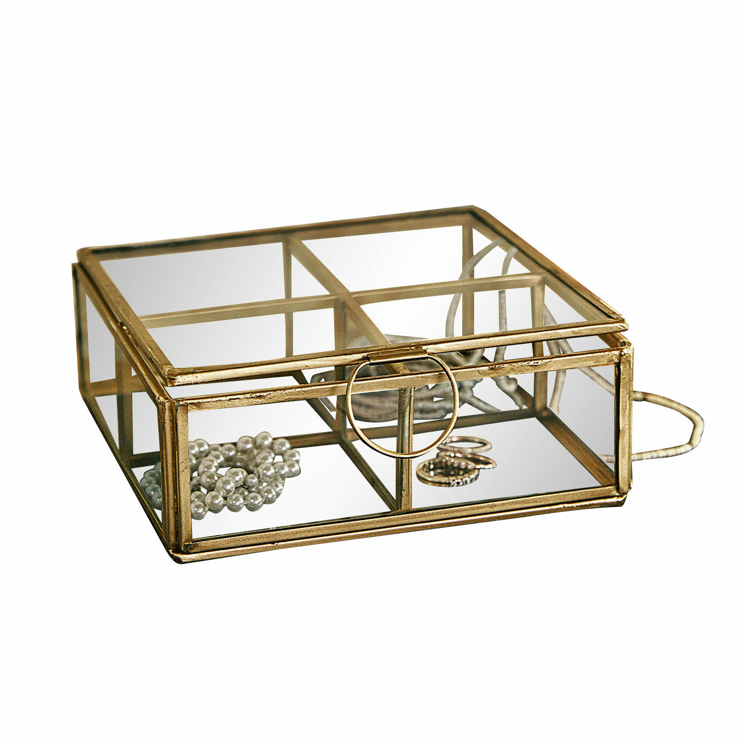 Opbergdoosje Moselle Glazen sieradendoos met metalen frame in antiek goud en vakken voor kleine accessoires