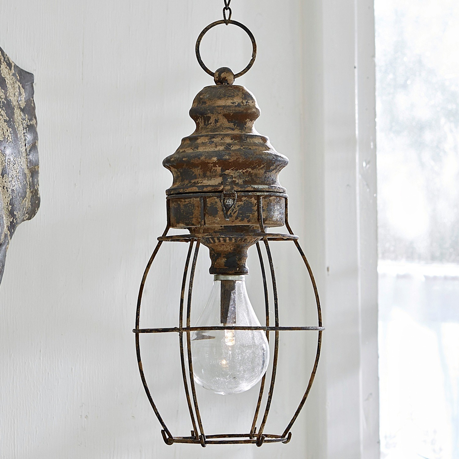 Ledlantaarn Hemsboro Hanglamp met metalen kooi in verouderd brons, industriële stijl binnenverlichting